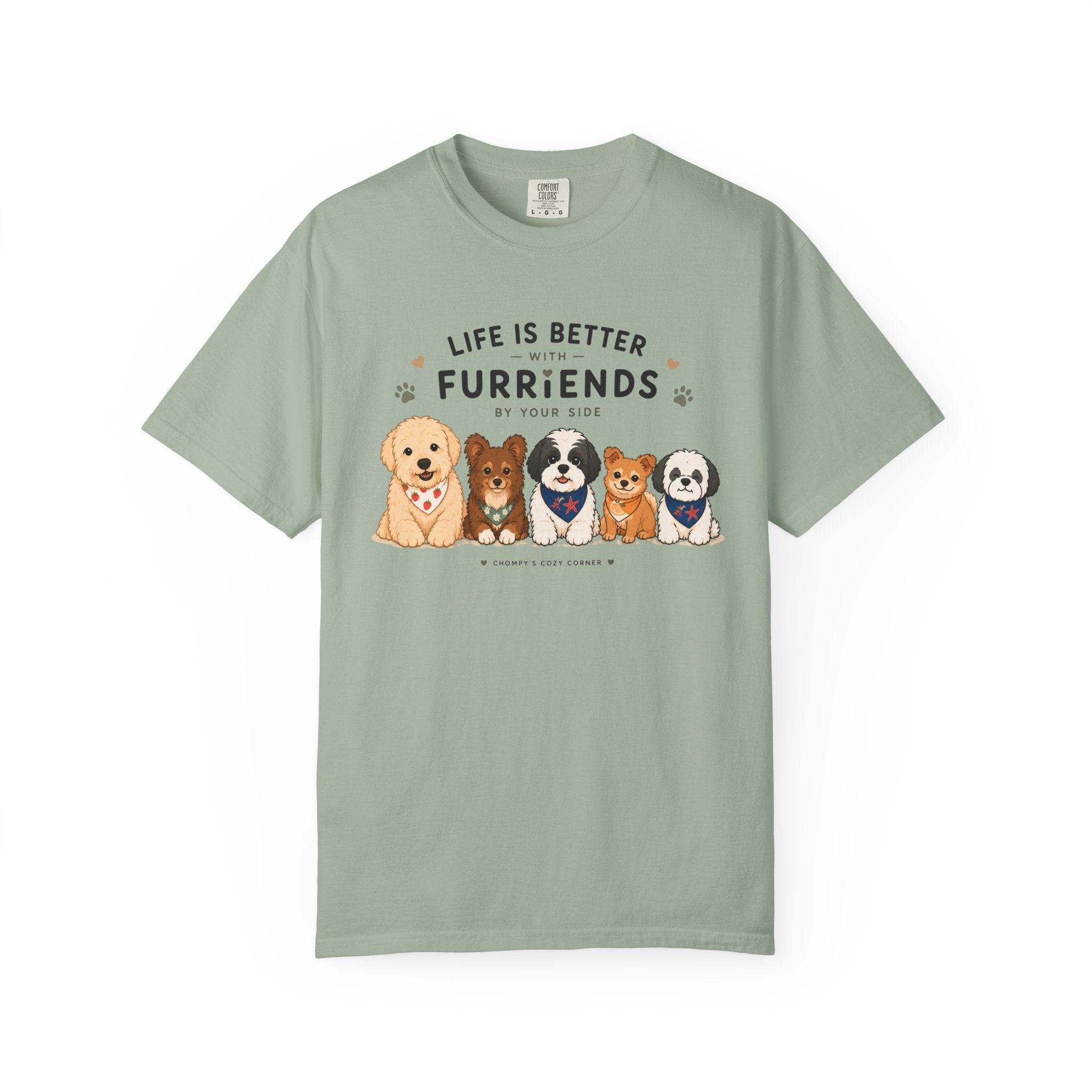 Chompy and Furriends ft. Cohen Crew: Life Is Better With Furriends T-Shirt — Cute Dogs Graphic Tee
