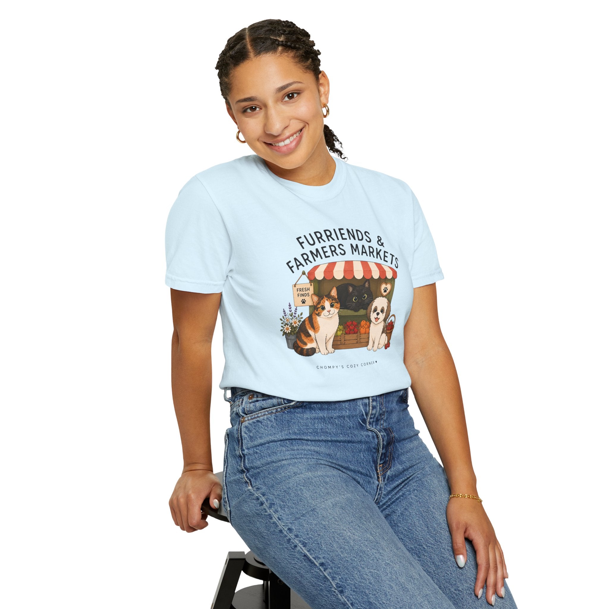 Chompy & Furriends ft. Fenlon Felines: Farmers Market Dogs T-Shirt — “Furriends & Farmers Markets” Cute Pet Market Tee