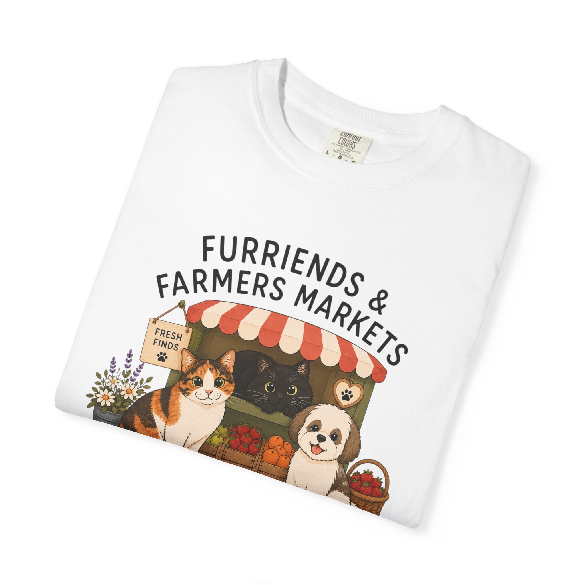 Chompy & Furriends ft. Fenlon Felines: Farmers Market Dogs T-Shirt — “Furriends & Farmers Markets” Cute Pet Market Tee