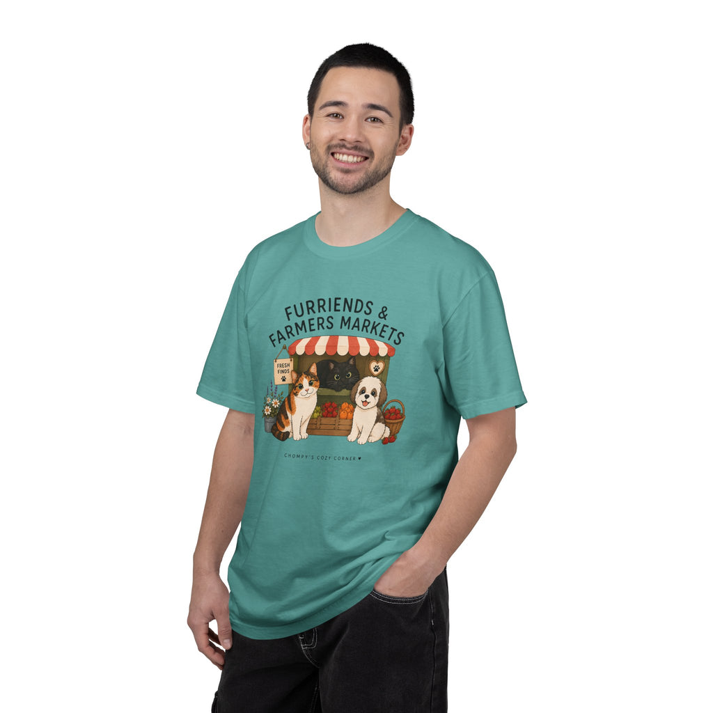 Chompy & Furriends ft. Fenlon Felines: Farmers Market Dogs T-Shirt — “Furriends & Farmers Markets” Cute Pet Market Tee