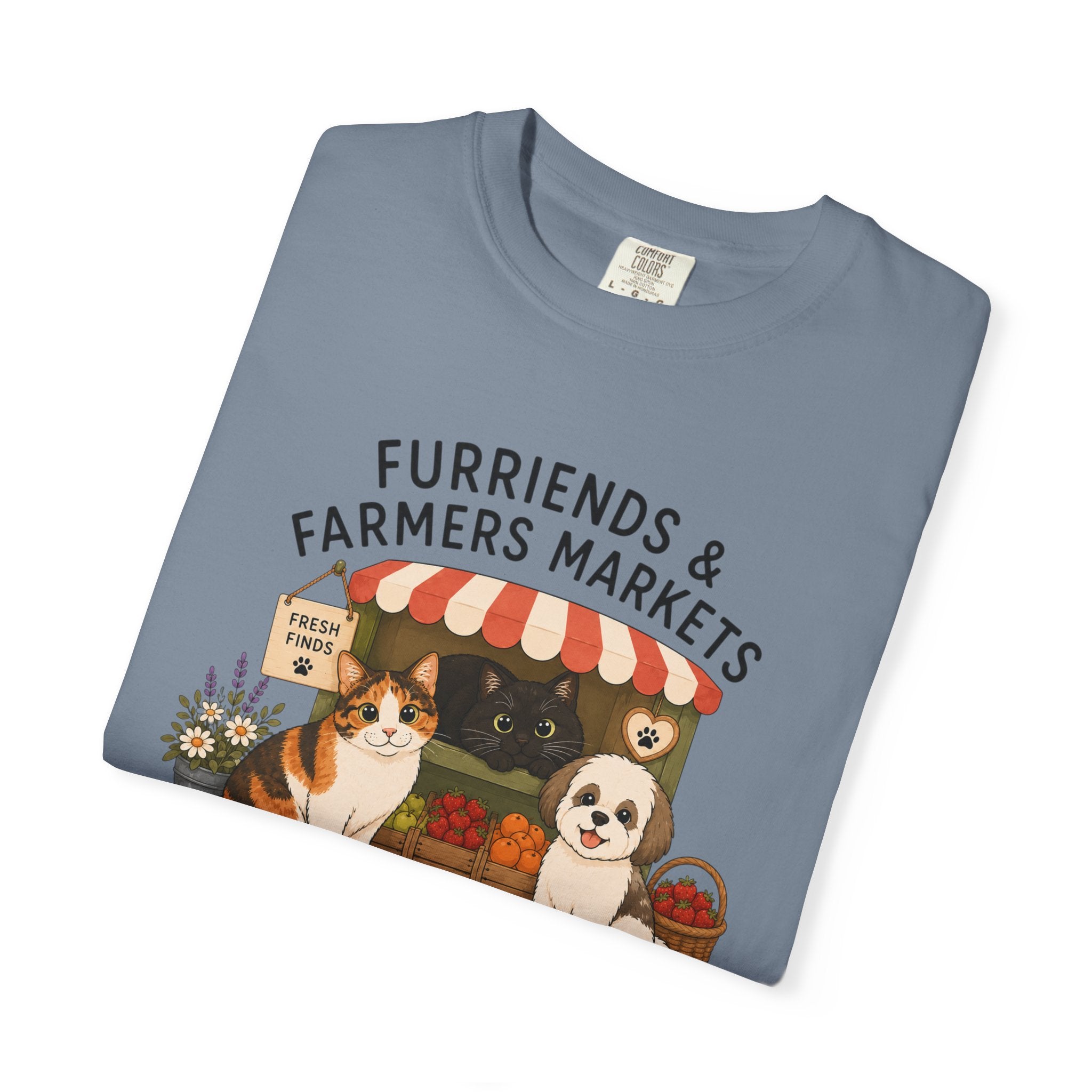 Chompy & Furriends ft. Fenlon Felines: Farmers Market Dogs T-Shirt — “Furriends & Farmers Markets” Cute Pet Market Tee