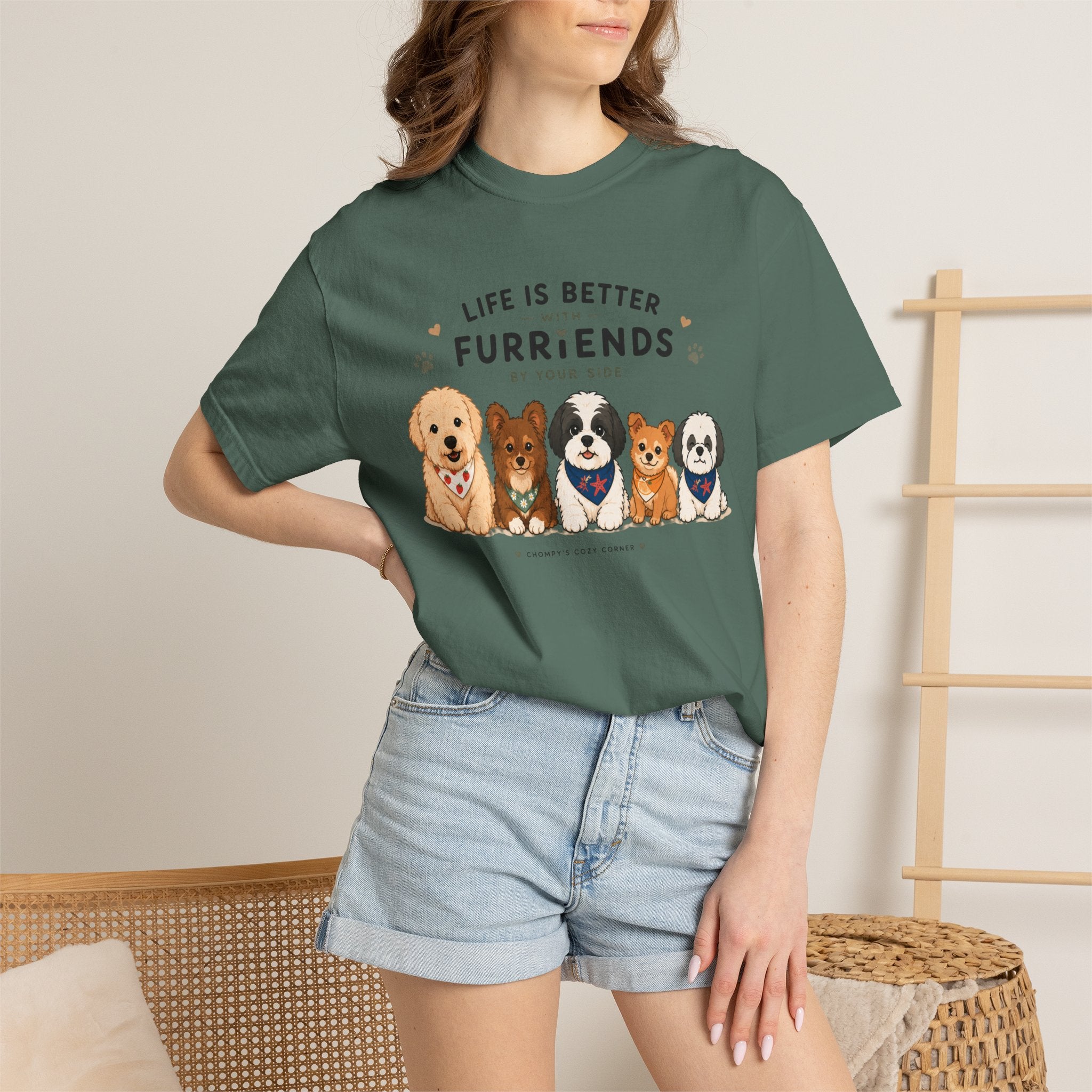 Chompy and Furriends ft. Cohen Crew: Life Is Better With Furriends T-Shirt — Cute Dogs Graphic Tee