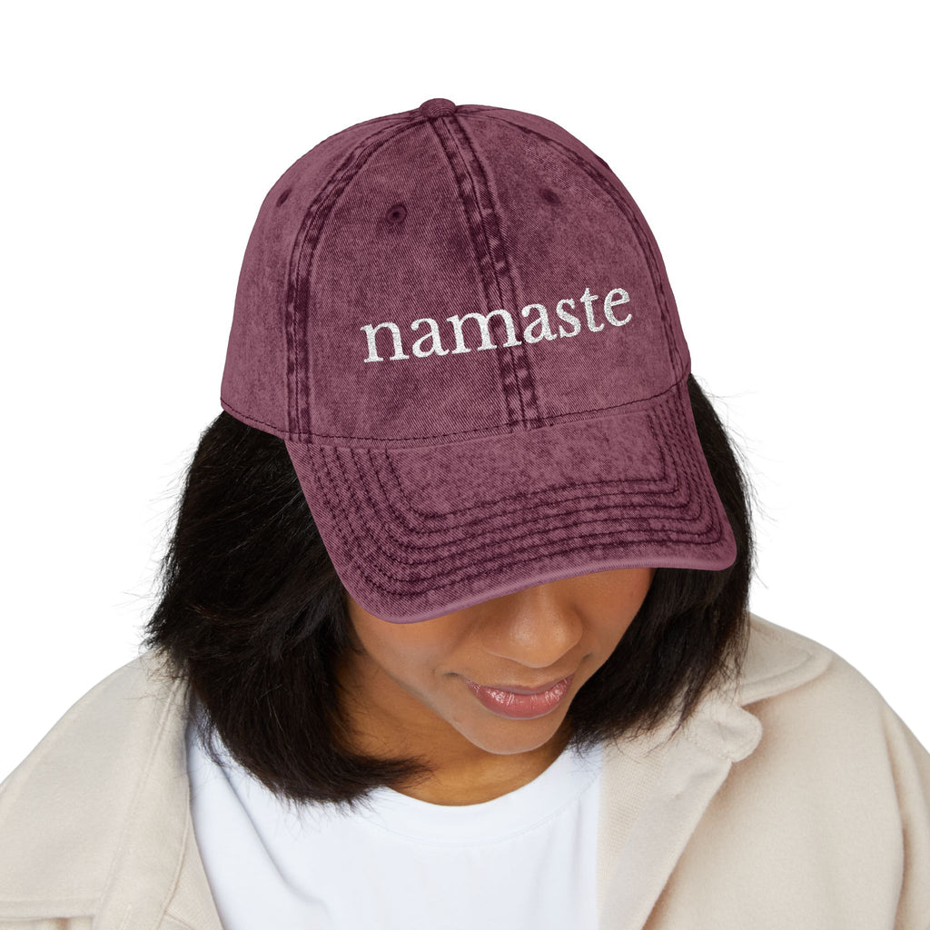 Vintage Embroidered Yoga Hat — "Namaste" Front with Cozy Shih-Poo Logo Back