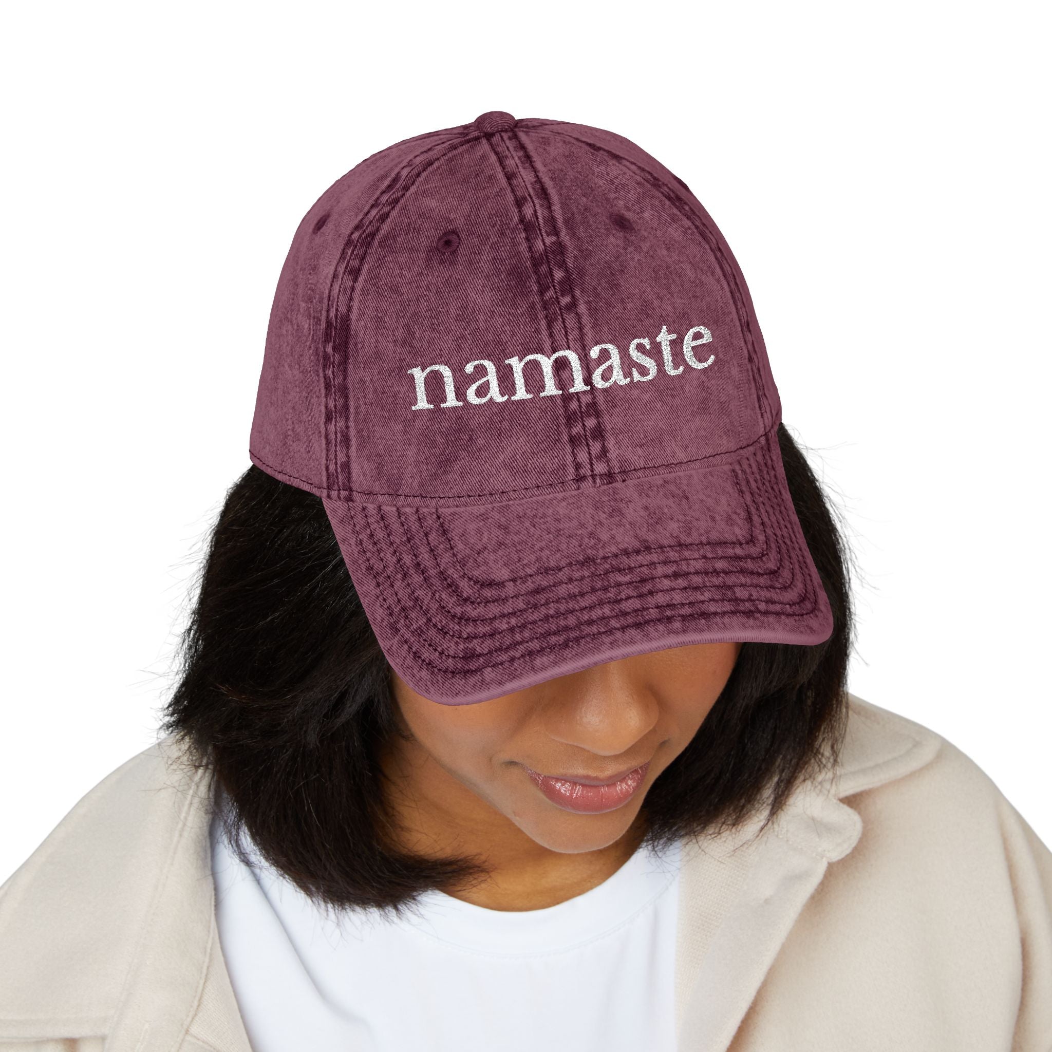 Vintage Embroidered Yoga Hat — "Namaste" Front with Cozy Shih-Poo Logo Back