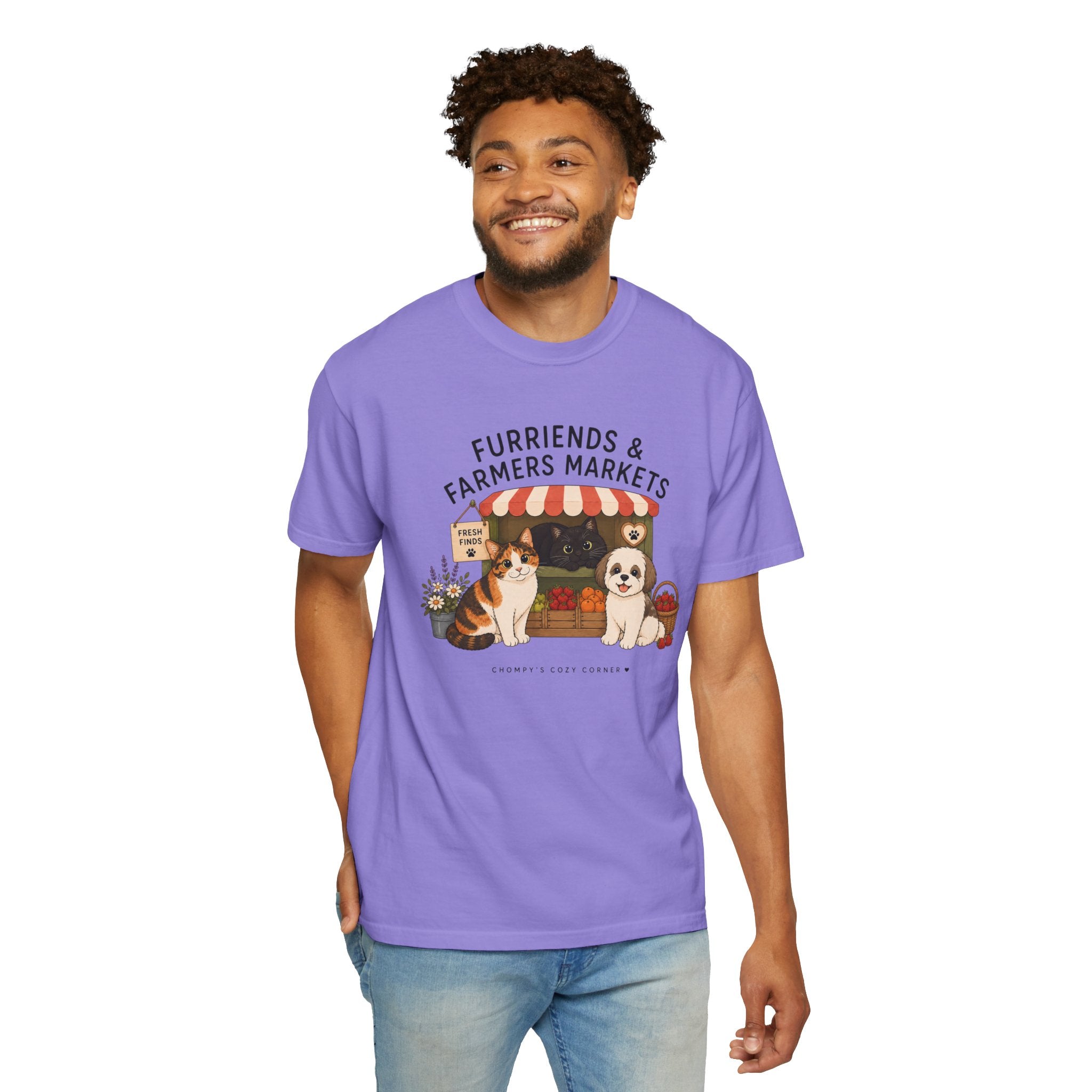 Chompy & Furriends ft. Fenlon Felines: Farmers Market Dogs T-Shirt — “Furriends & Farmers Markets” Cute Pet Market Tee