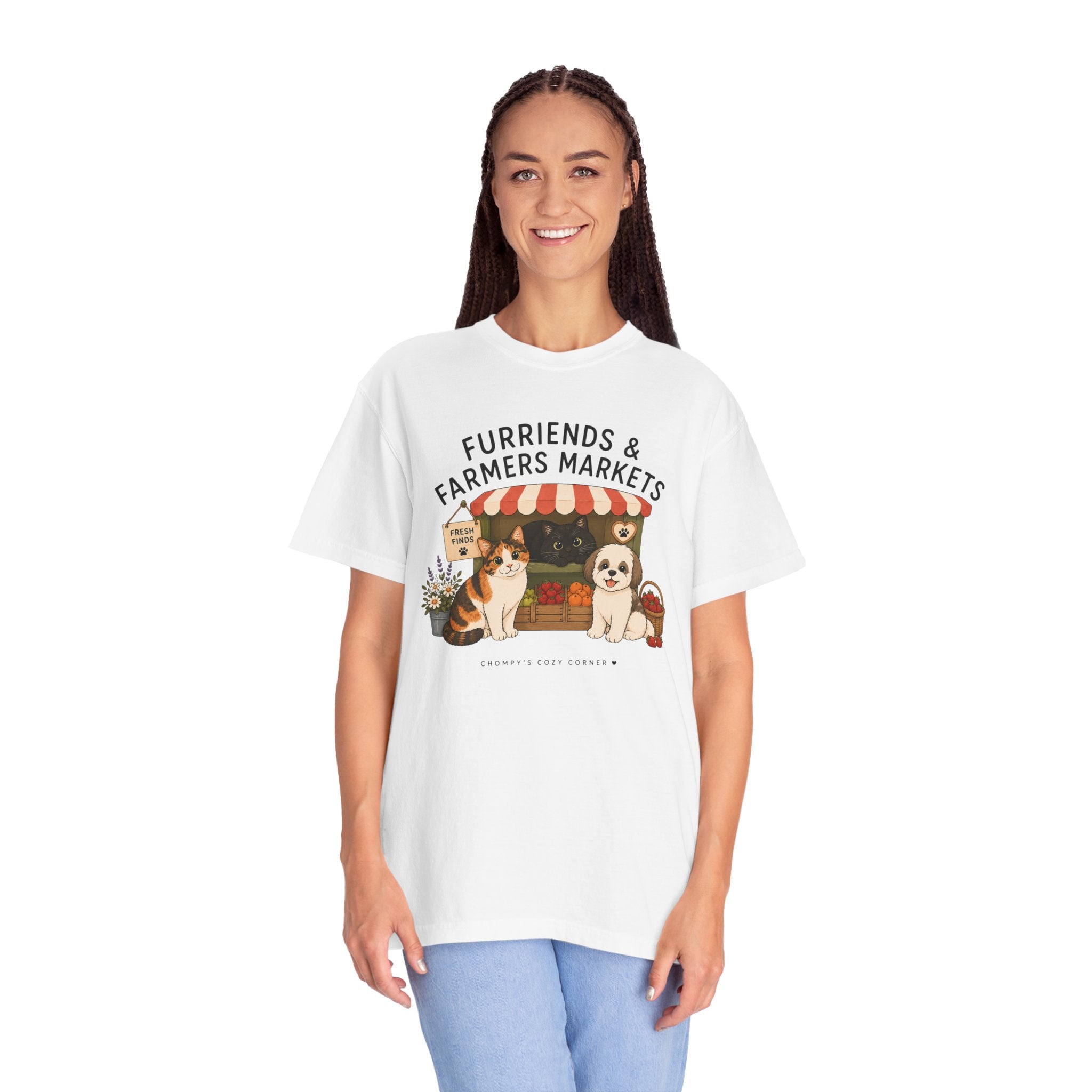 Chompy & Furriends ft. Fenlon Felines: Farmers Market Dogs T-Shirt — “Furriends & Farmers Markets” Cute Pet Market Tee