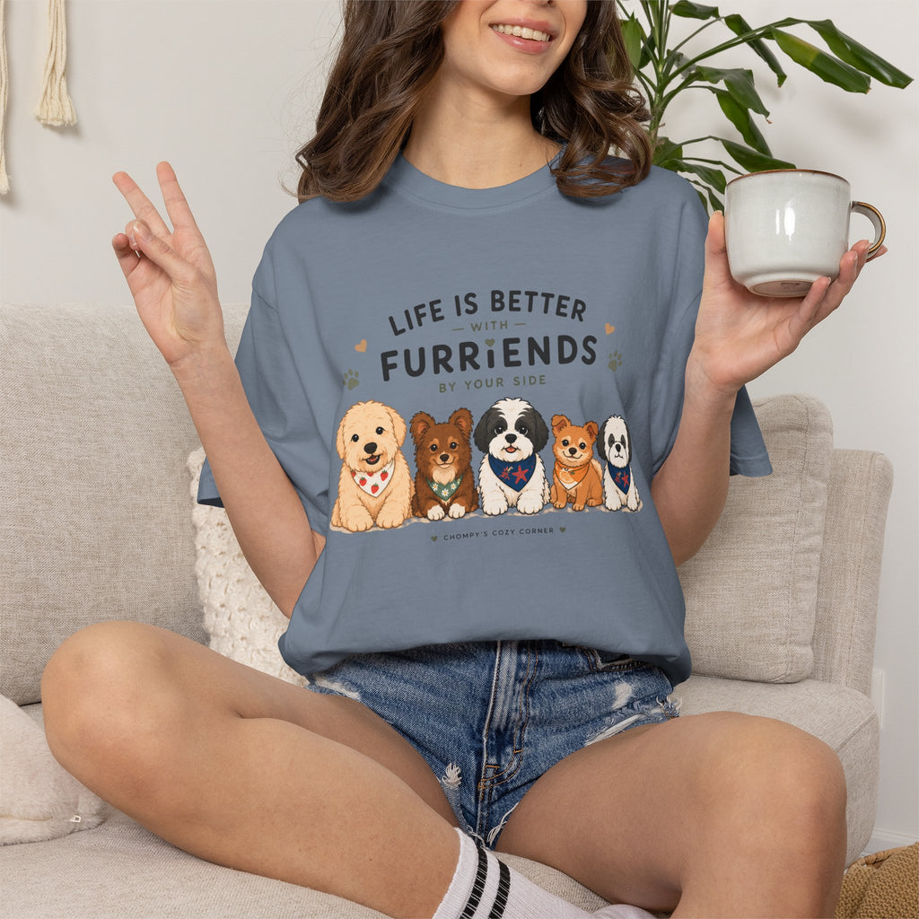 Chompy and Furriends ft. Cohen Crew: Life Is Better With Furriends T-Shirt — Cute Dogs Graphic Tee