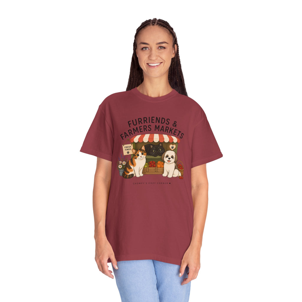 Chompy & Furriends ft. Fenlon Felines: Farmers Market Dogs T-Shirt — “Furriends & Farmers Markets” Cute Pet Market Tee