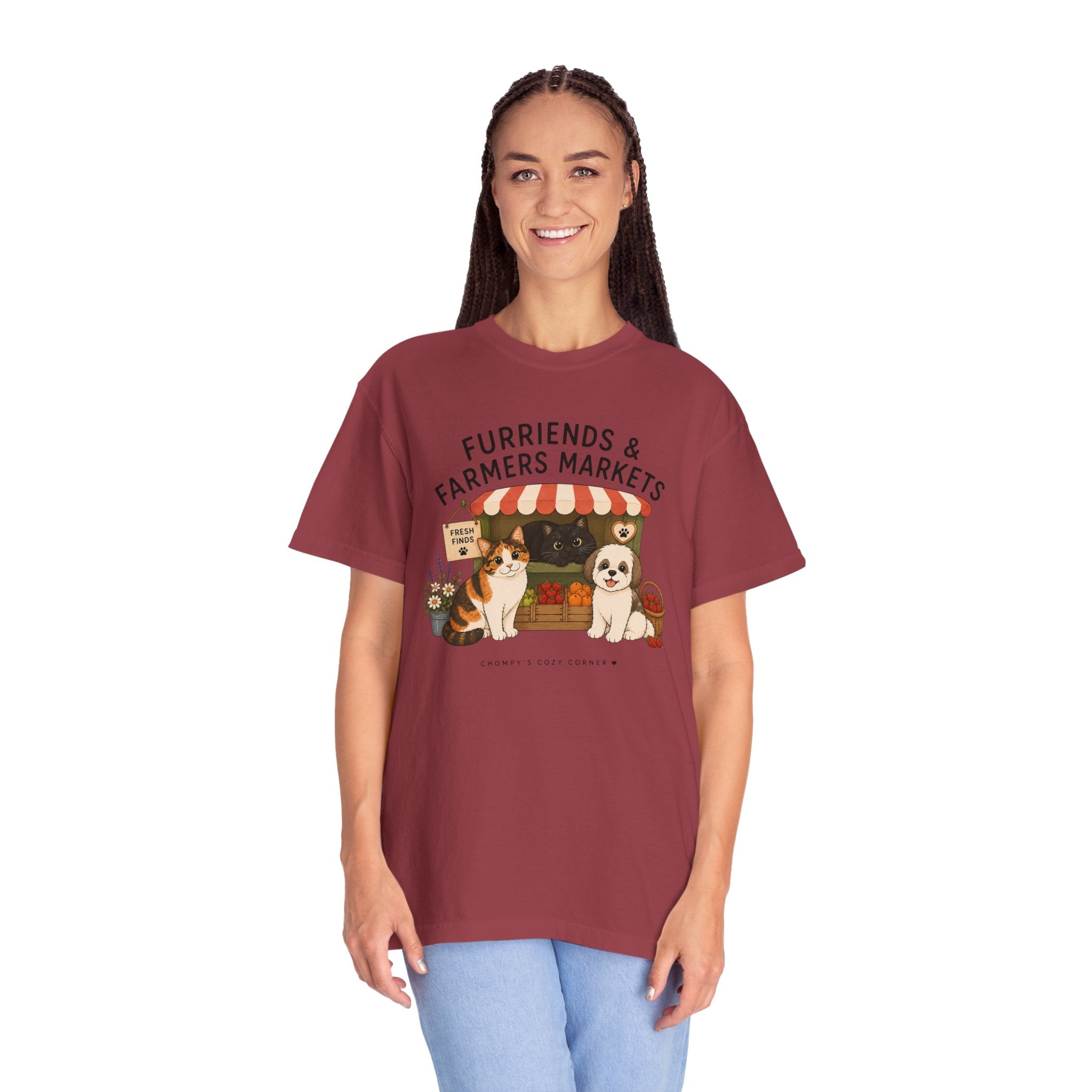 Chompy & Furriends ft. Fenlon Felines: Farmers Market Dogs T-Shirt — “Furriends & Farmers Markets” Cute Pet Market Tee