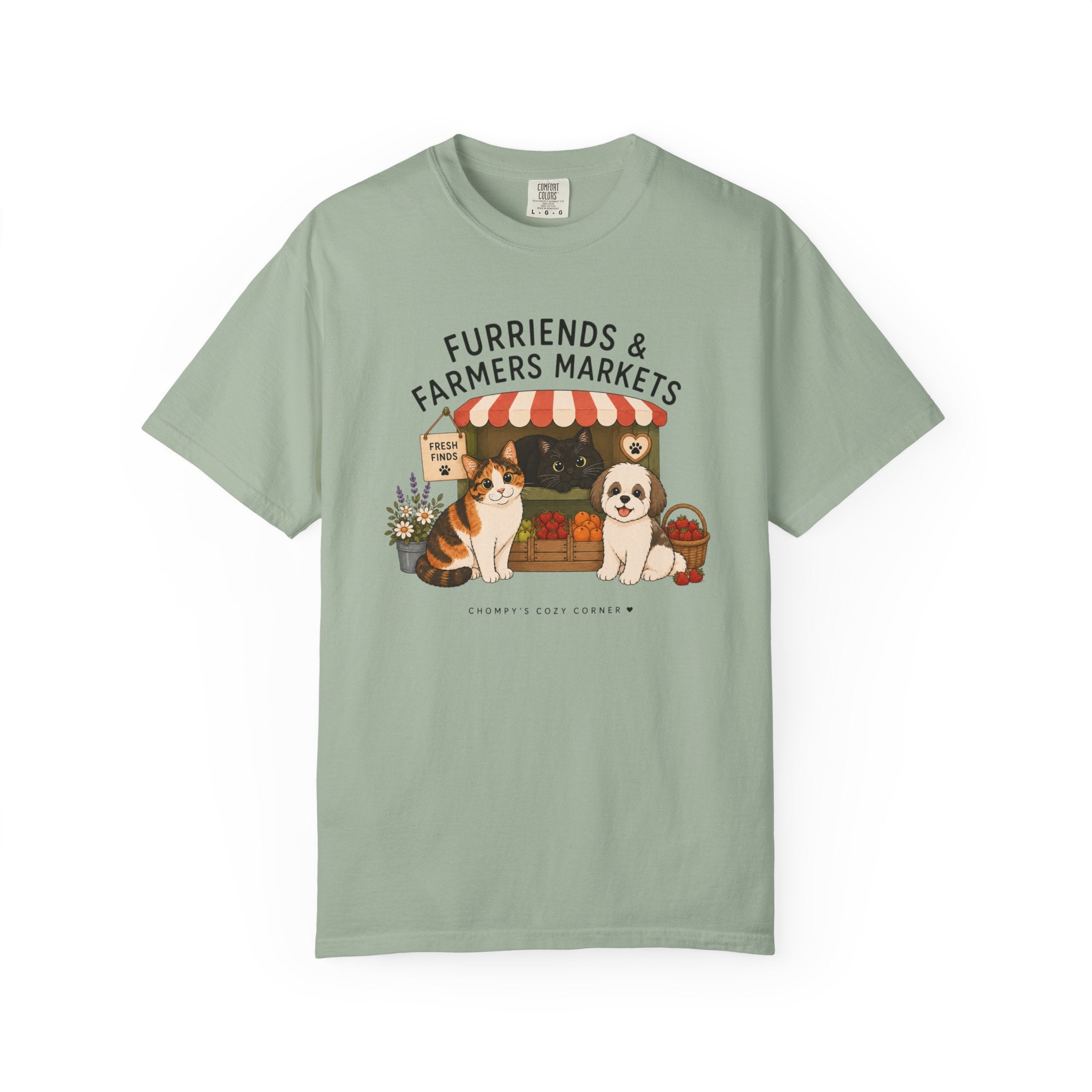 Chompy & Furriends ft. Fenlon Felines: Farmers Market Dogs T-Shirt — “Furriends & Farmers Markets” Cute Pet Market Tee