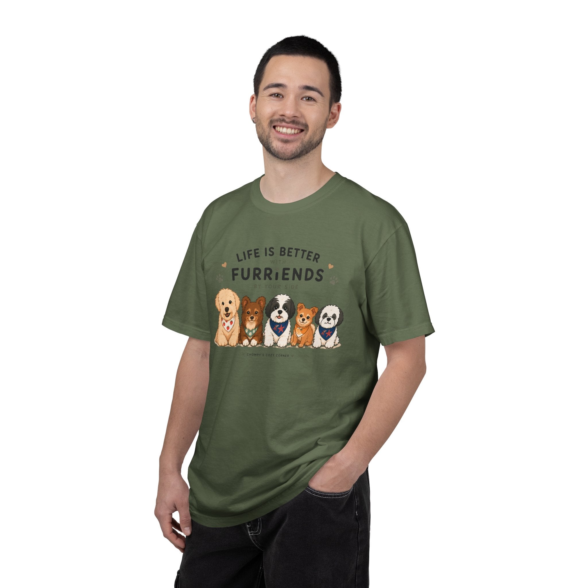 Chompy and Furriends ft. Cohen Crew: Life Is Better With Furriends T-Shirt — Cute Dogs Graphic Tee