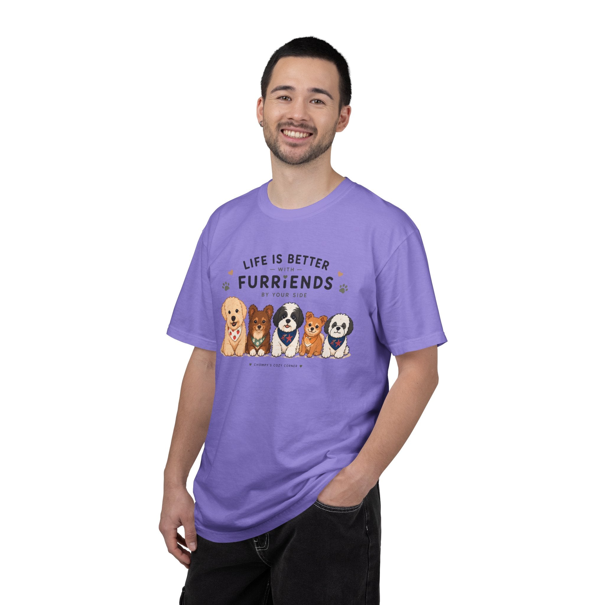 Chompy and Furriends ft. Cohen Crew: Life Is Better With Furriends T-Shirt — Cute Dogs Graphic Tee