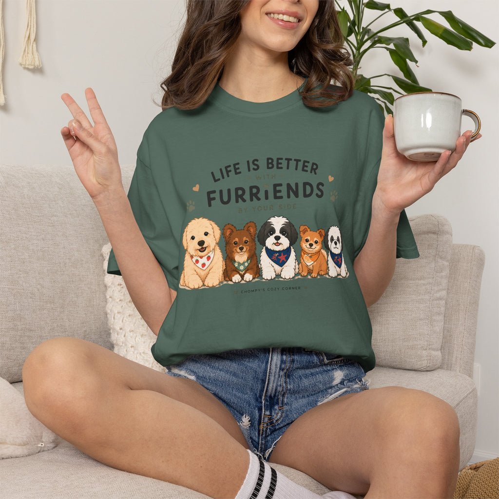 Chompy and Furriends ft. Cohen Crew: Life Is Better With Furriends T-Shirt — Cute Dogs Graphic Tee