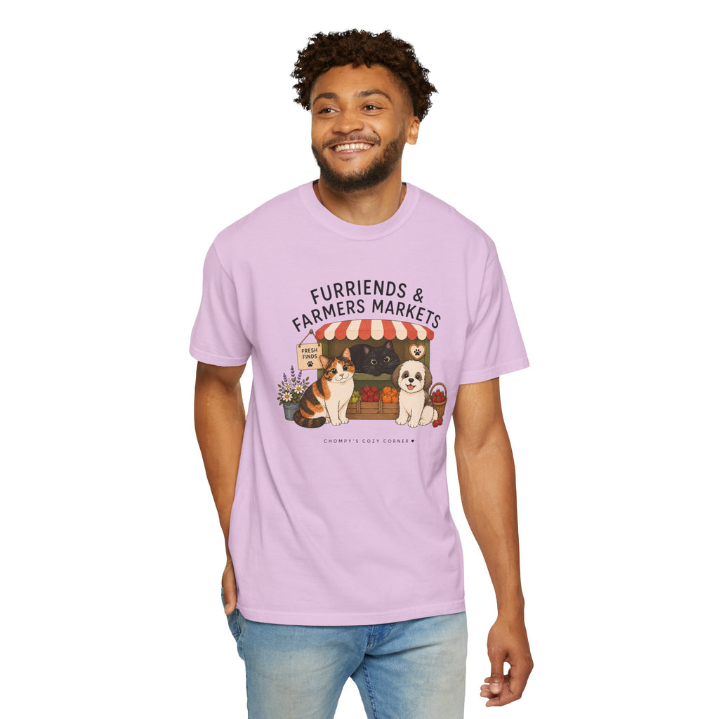Chompy & Furriends ft. Fenlon Felines: Farmers Market Dogs T-Shirt — “Furriends & Farmers Markets” Cute Pet Market Tee