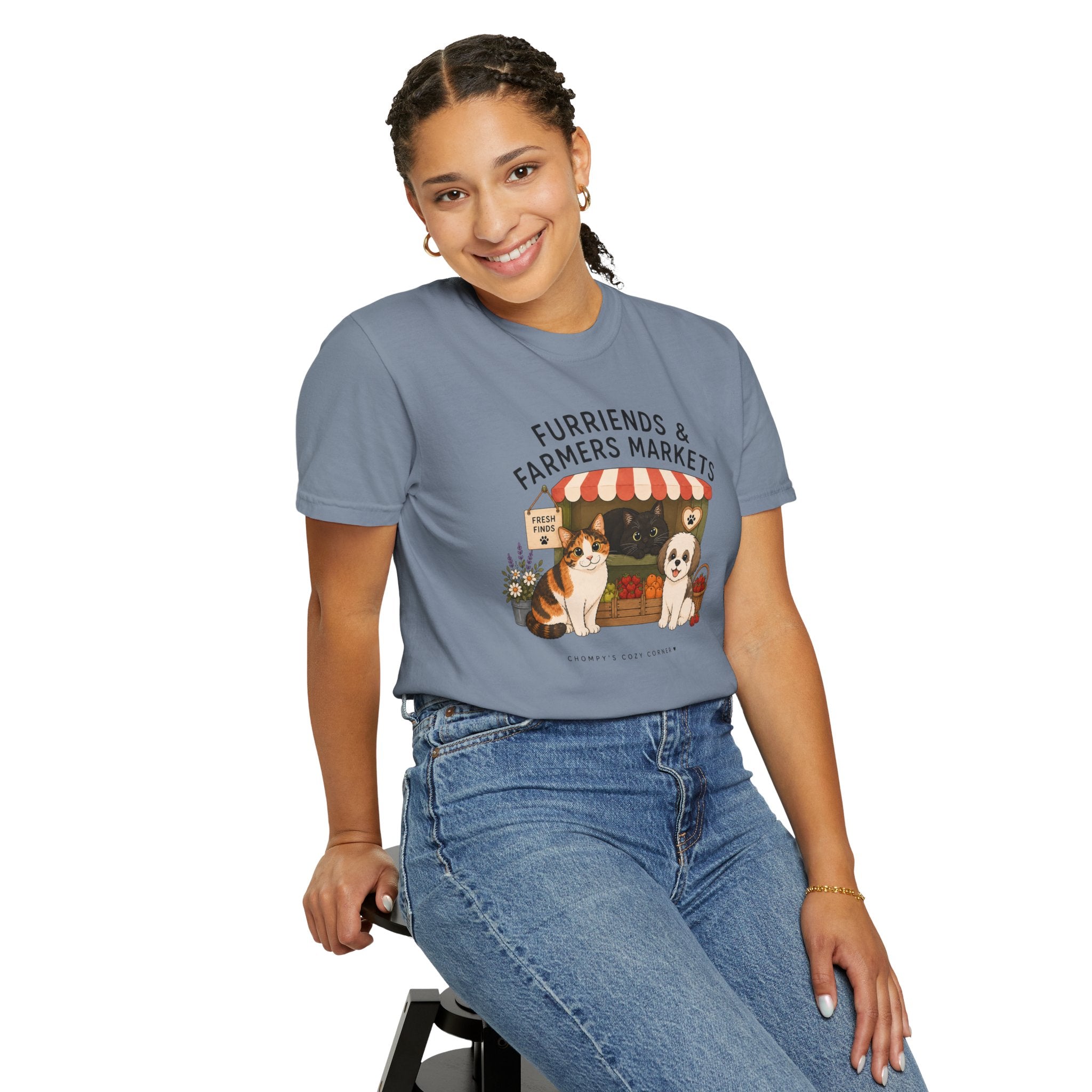 Chompy & Furriends ft. Fenlon Felines: Farmers Market Dogs T-Shirt — “Furriends & Farmers Markets” Cute Pet Market Tee