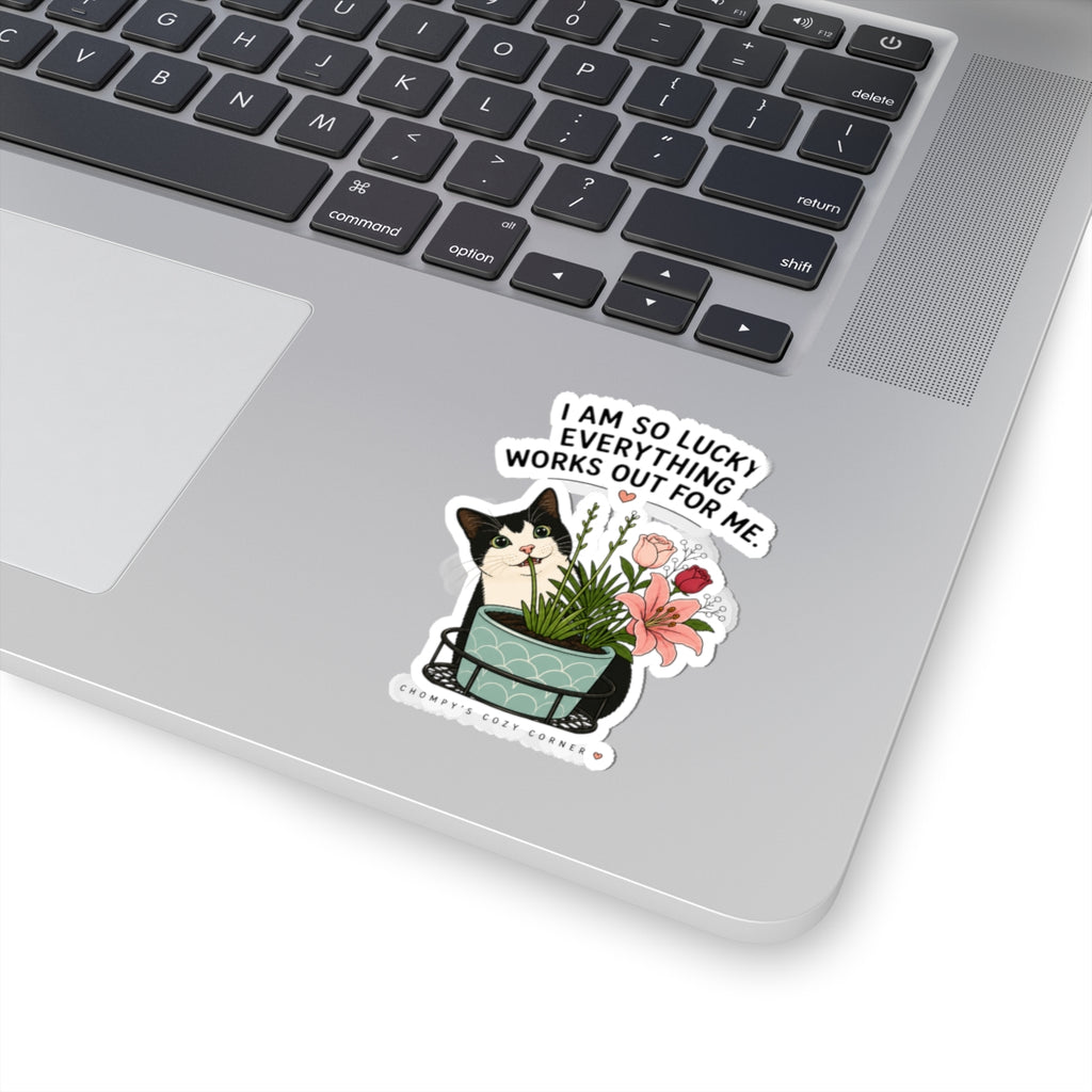 Lucky Cat & Plants Sticker — "I Am So Lucky Everything Works Out For Me" Kiss-Cut Sticker