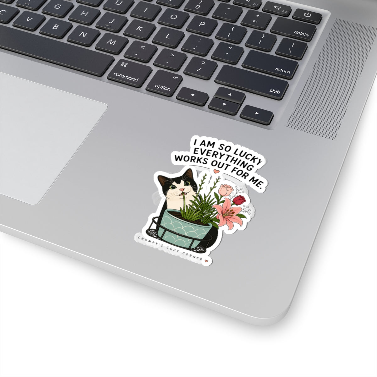 Lucky Cat & Plants Sticker — "I Am So Lucky Everything Works Out For Me" Kiss-Cut Sticker
