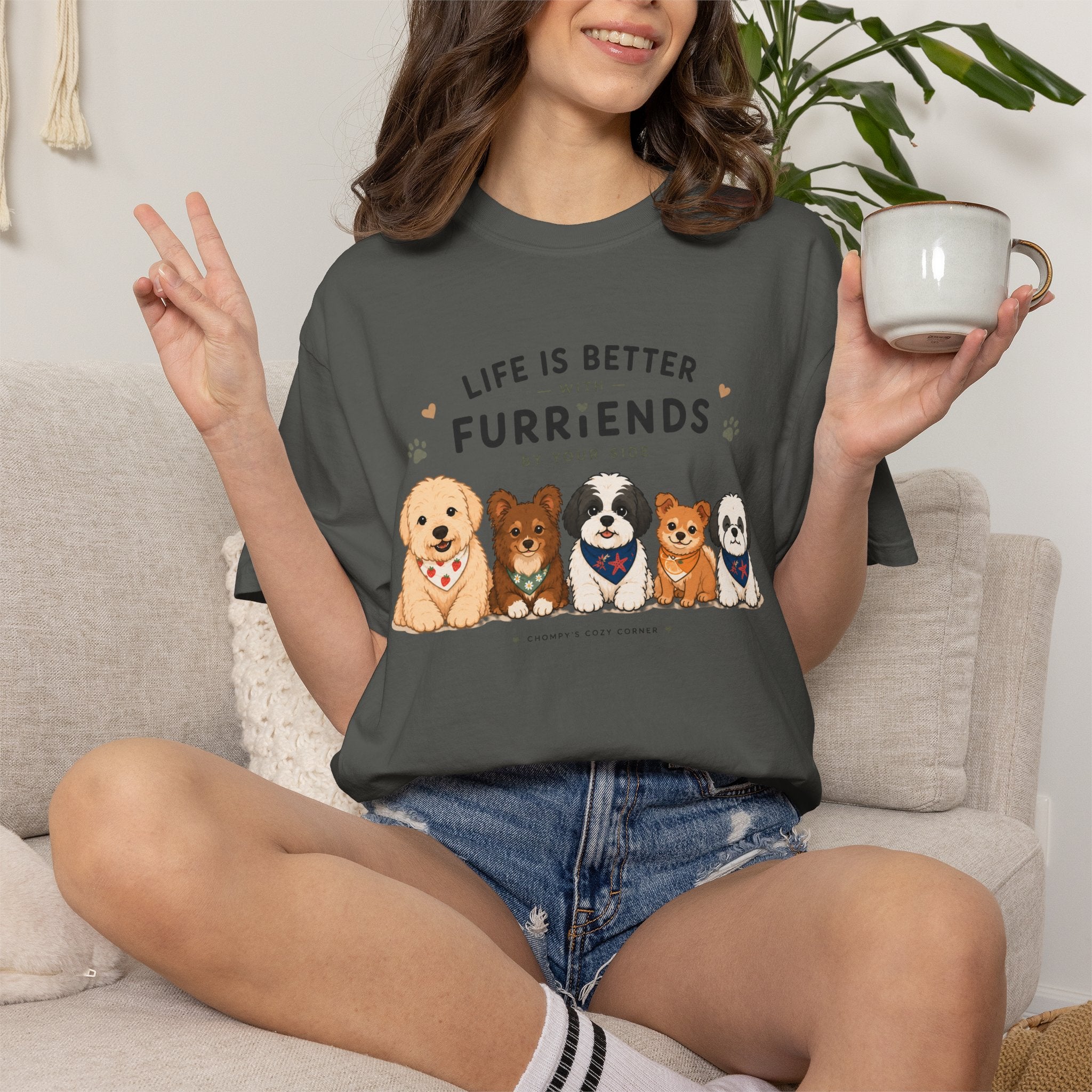 Chompy and Furriends ft. Cohen Crew: Life Is Better With Furriends T-Shirt — Cute Dogs Graphic Tee