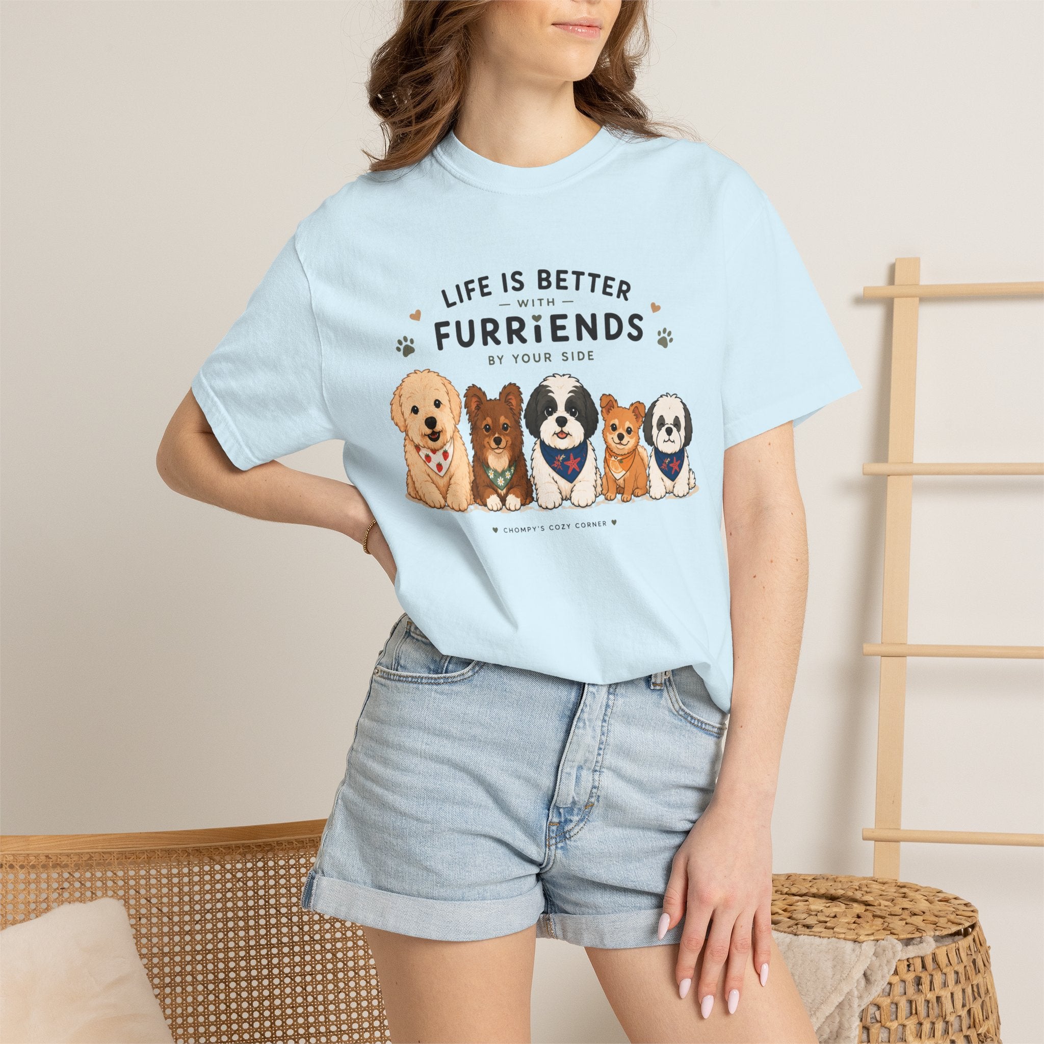 Chompy and Furriends ft. Cohen Crew: Life Is Better With Furriends T-Shirt — Cute Dogs Graphic Tee