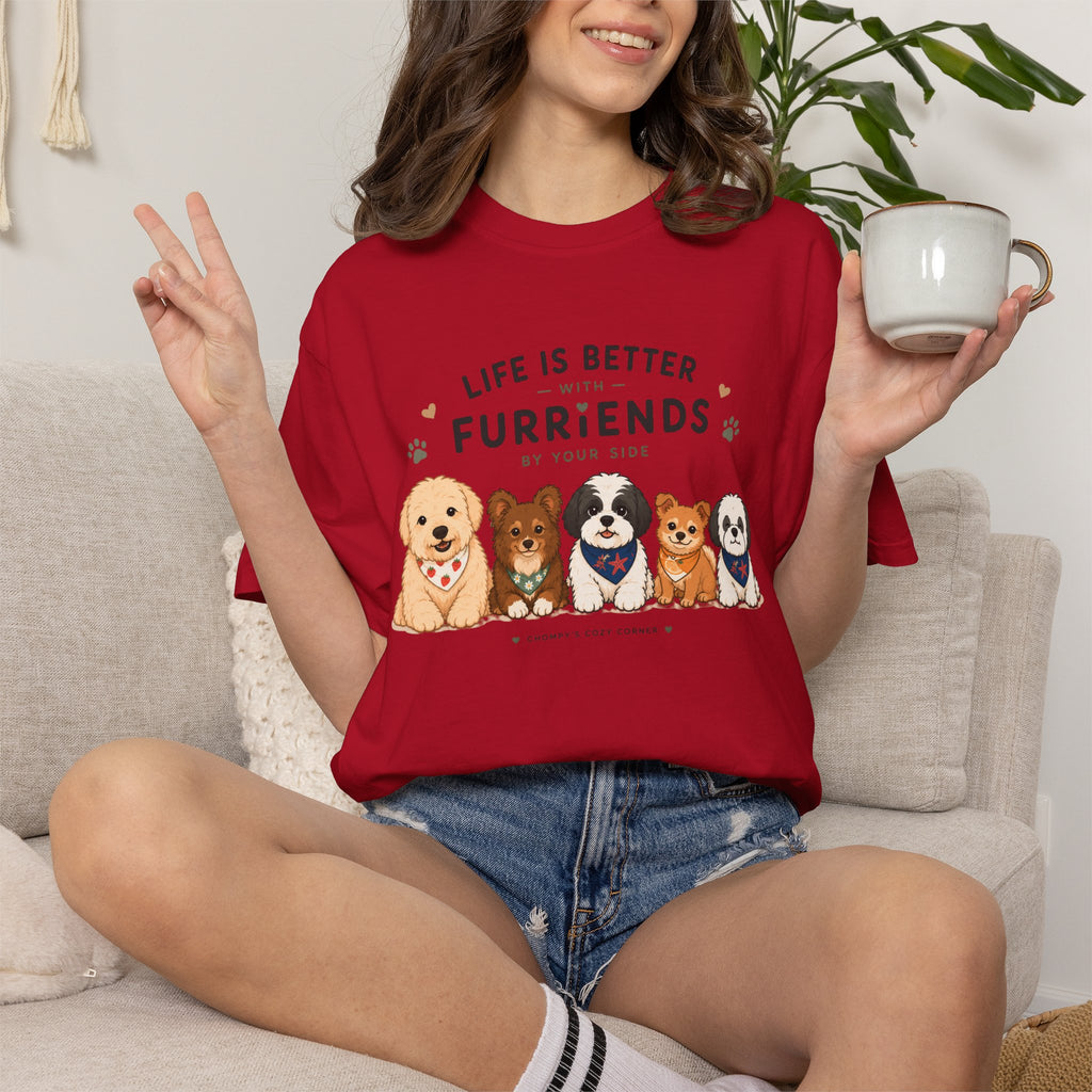 Chompy and Furriends ft. Cohen Crew: Life Is Better With Furriends T-Shirt — Cute Dogs Graphic Tee