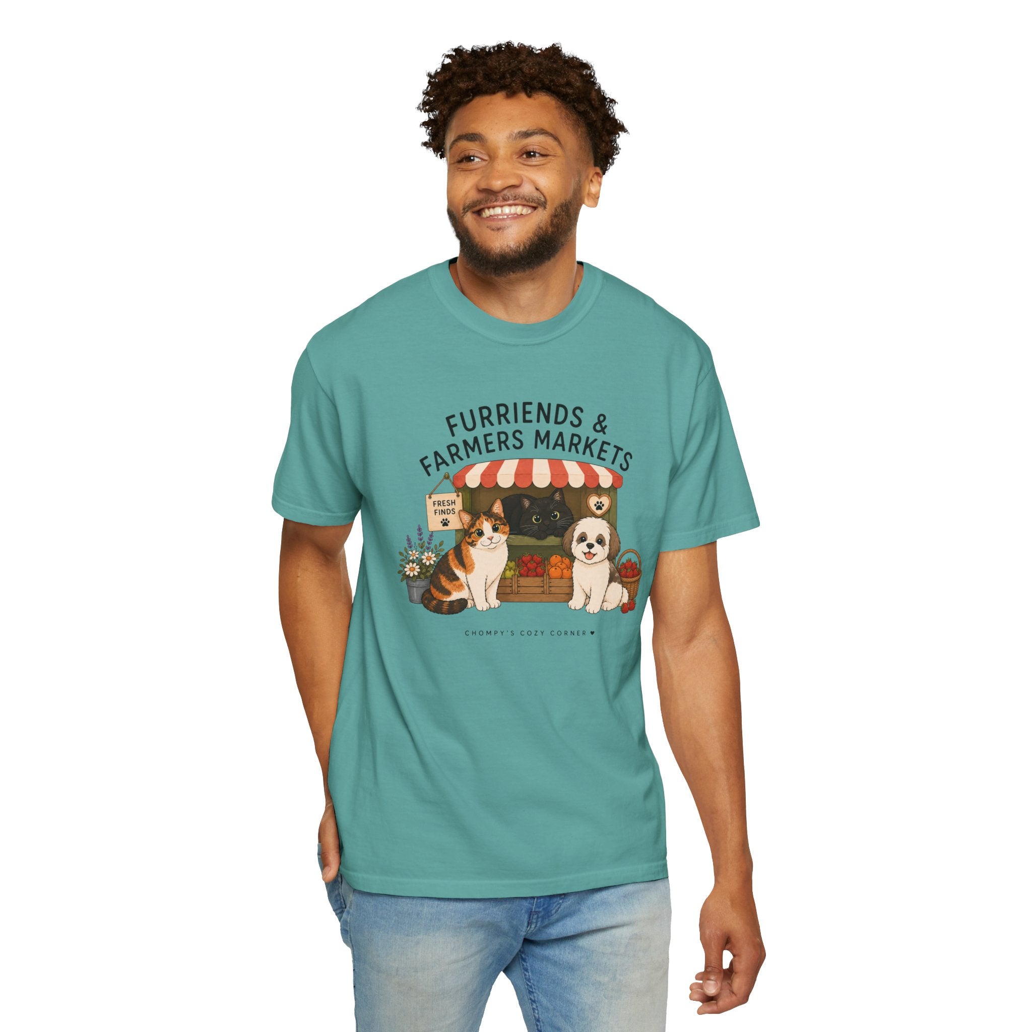 Chompy & Furriends ft. Fenlon Felines: Farmers Market Dogs T-Shirt — “Furriends & Farmers Markets” Cute Pet Market Tee