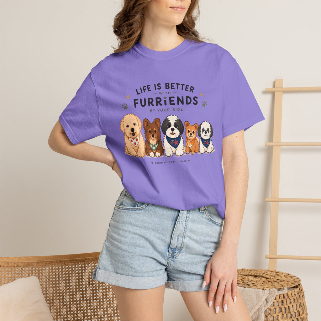 Chompy and Furriends ft. Cohen Crew: Life Is Better With Furriends T-Shirt — Cute Dogs Graphic Tee