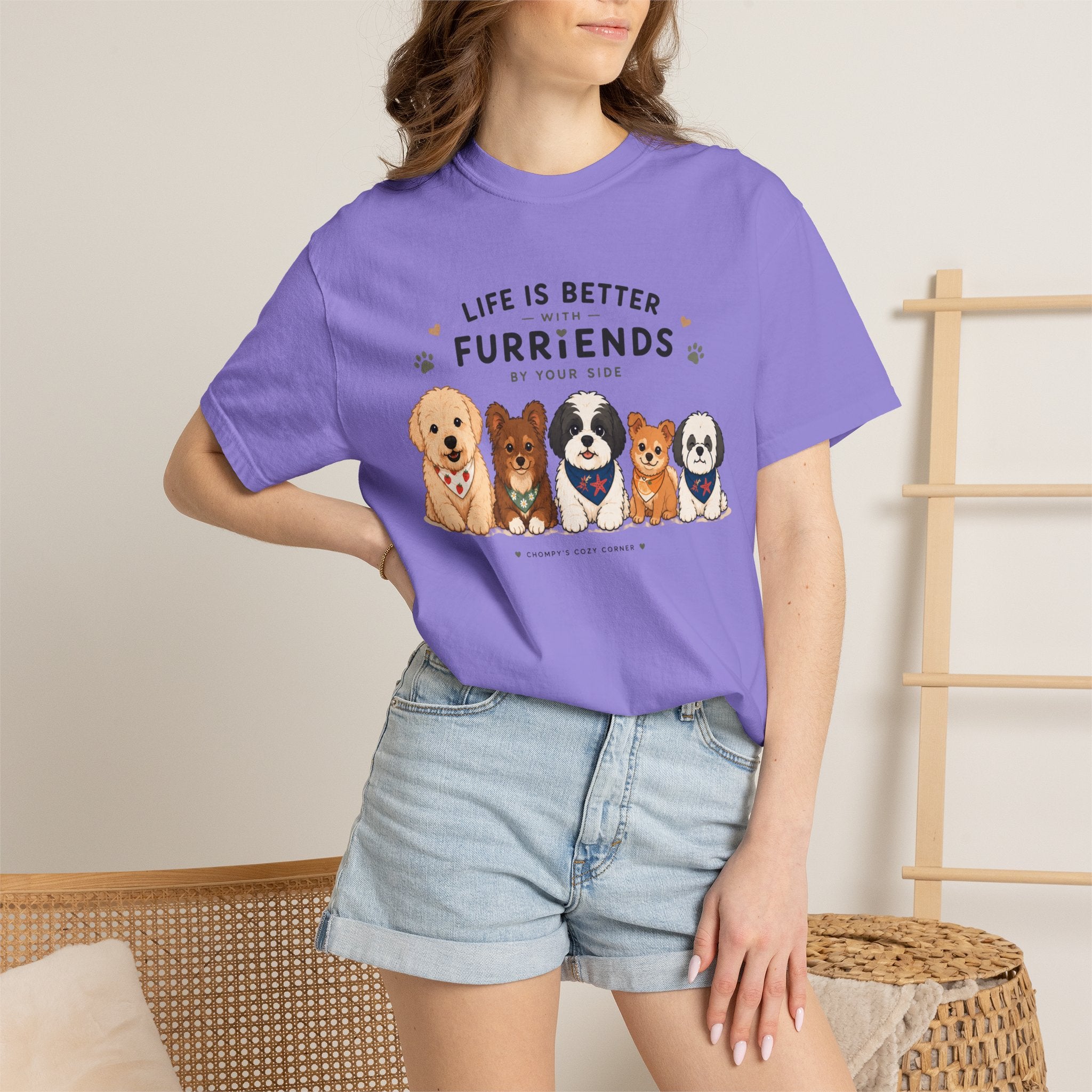 Chompy and Furriends ft. Cohen Crew: Life Is Better With Furriends T-Shirt — Cute Dogs Graphic Tee