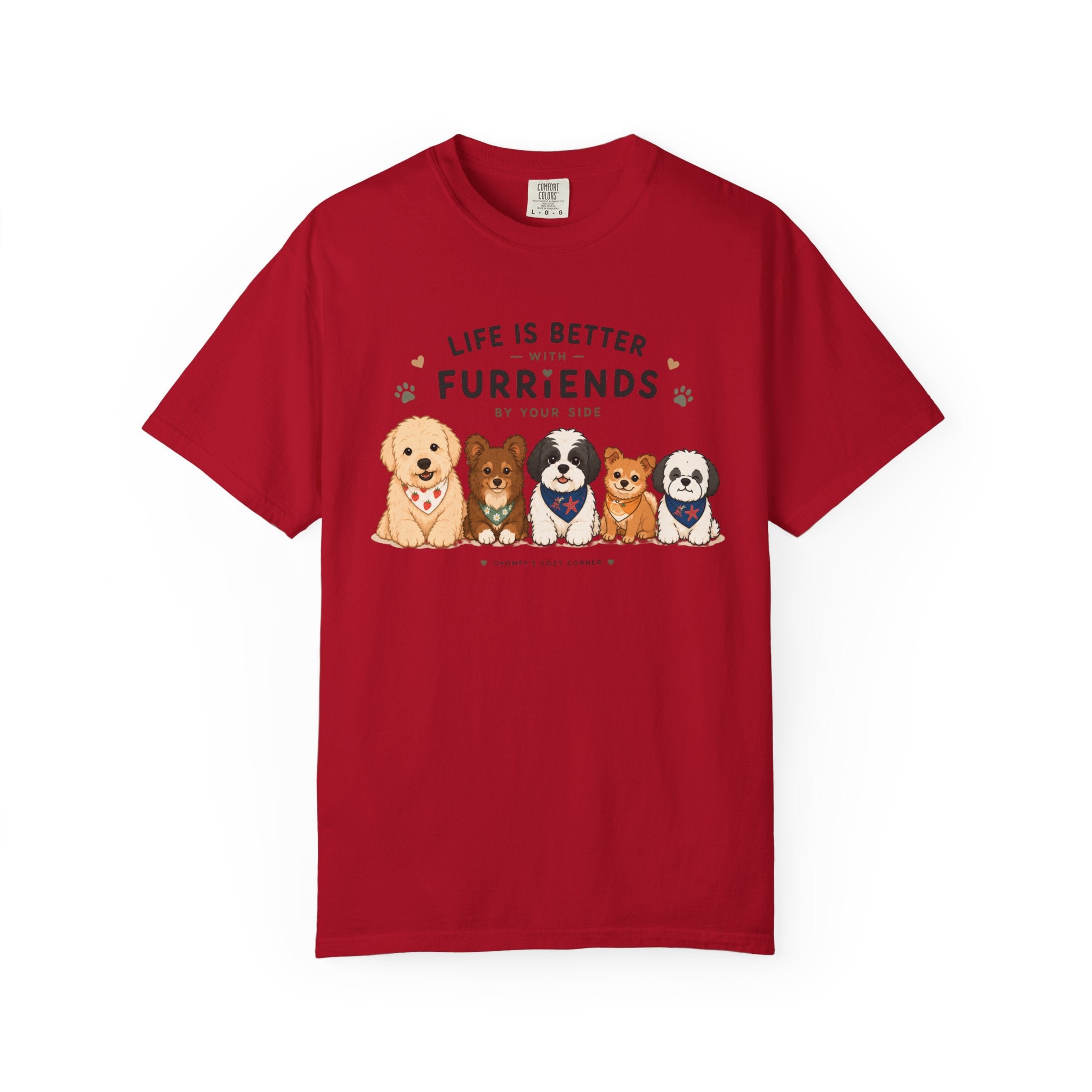 Chompy and Furriends ft. Cohen Crew: Life Is Better With Furriends T-Shirt — Cute Dogs Graphic Tee