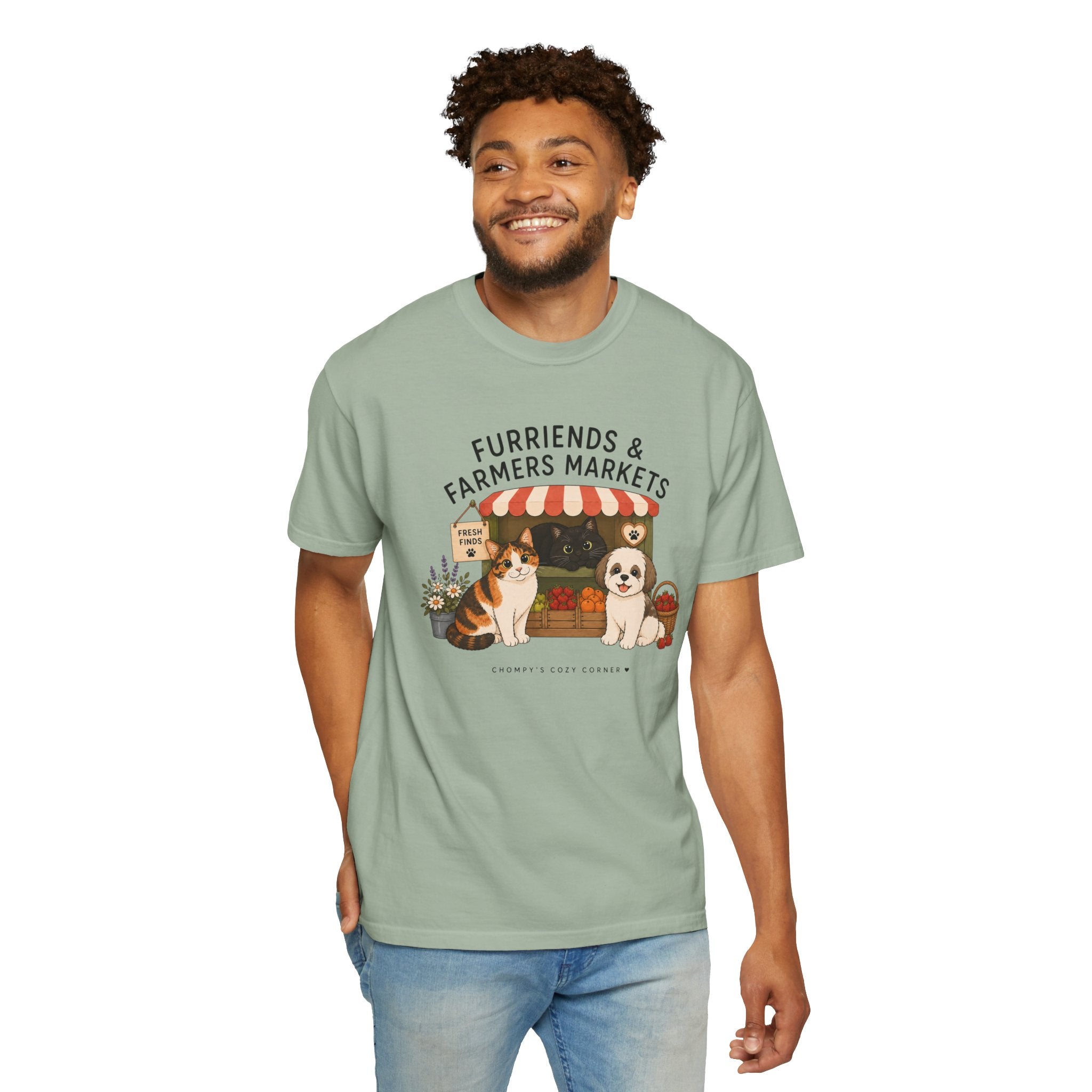 Chompy & Furriends ft. Fenlon Felines: Farmers Market Dogs T-Shirt — “Furriends & Farmers Markets” Cute Pet Market Tee