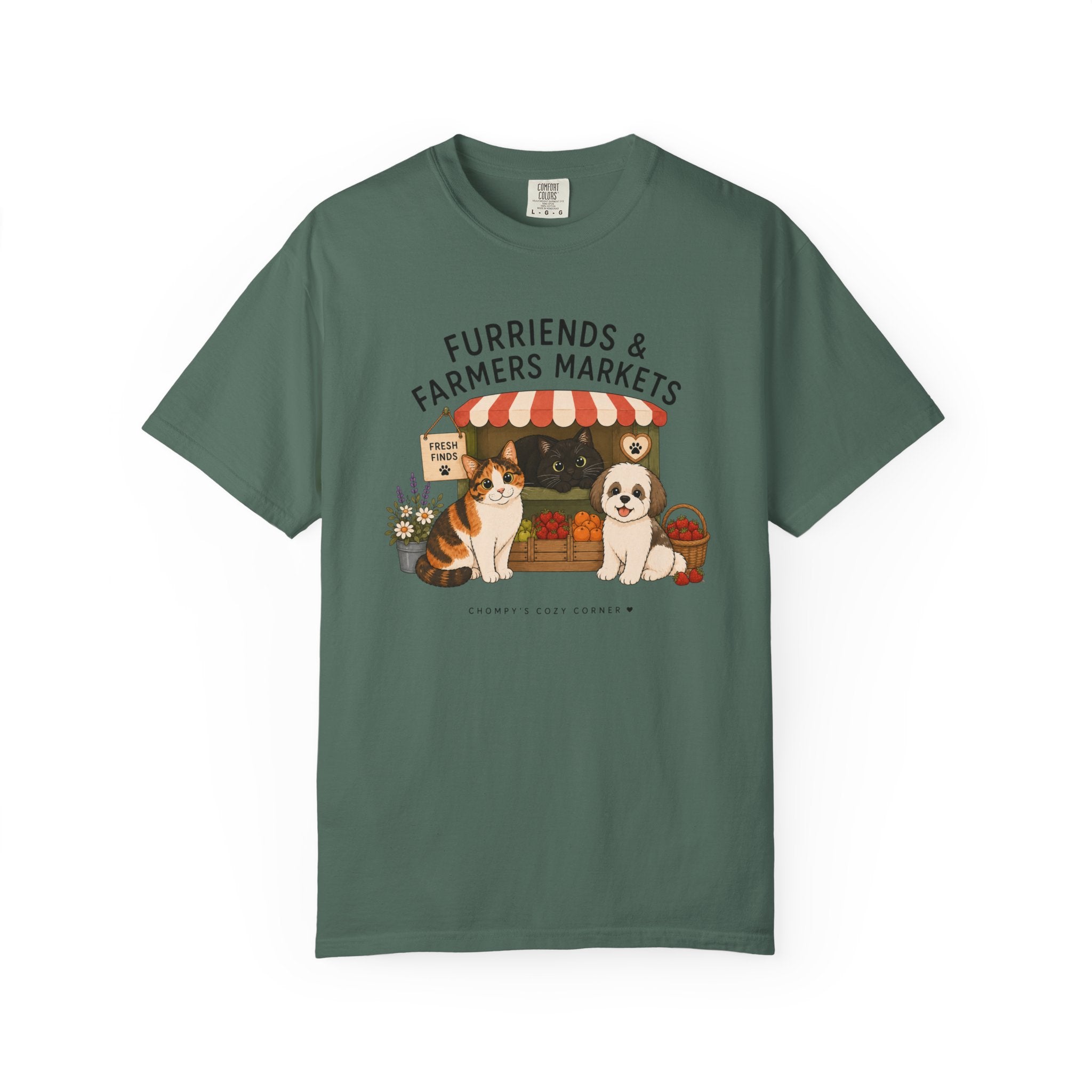 Chompy & Furriends ft. Fenlon Felines: Farmers Market Dogs T-Shirt — “Furriends & Farmers Markets” Cute Pet Market Tee