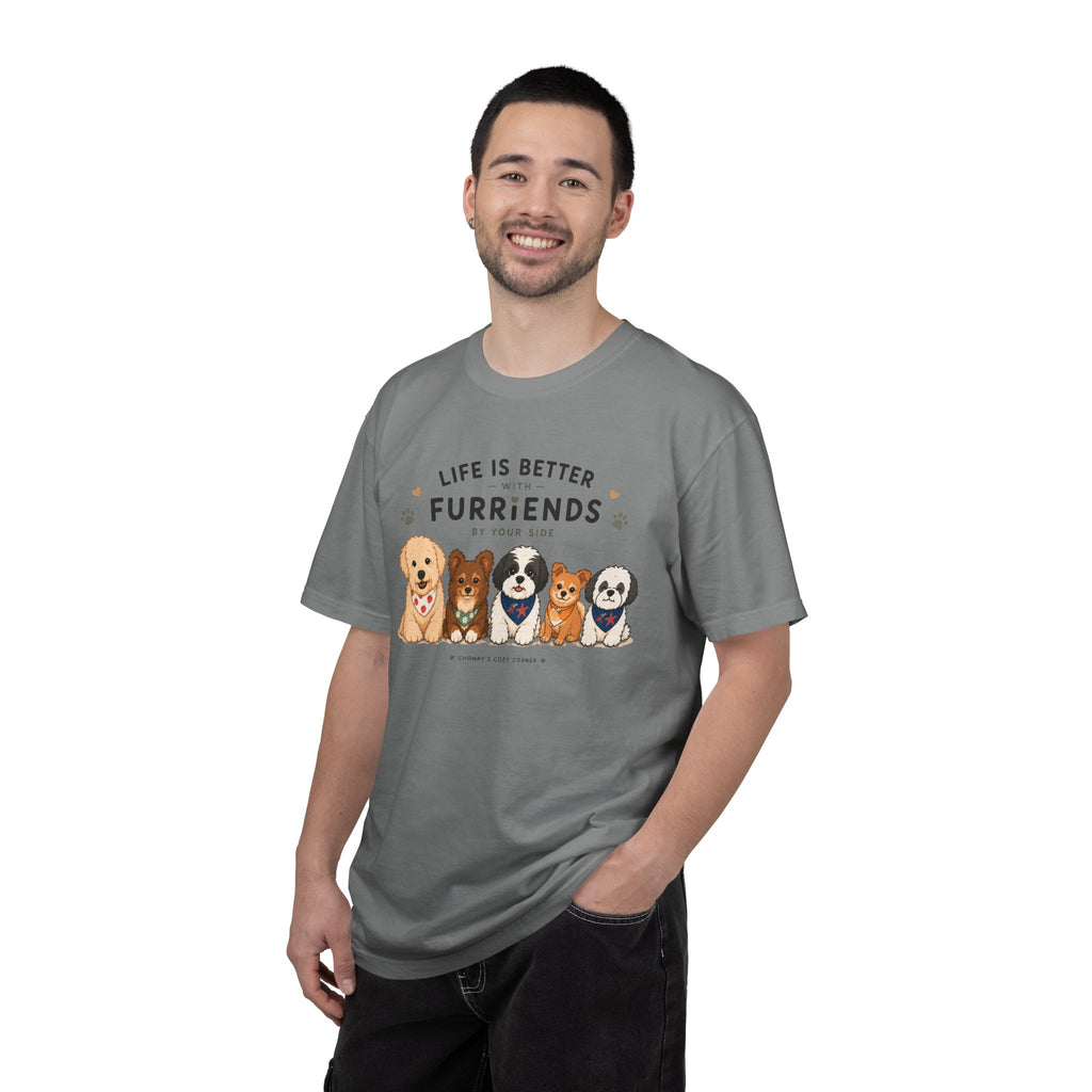 Chompy and Furriends ft. Cohen Crew: Life Is Better With Furriends T-Shirt — Cute Dogs Graphic Tee