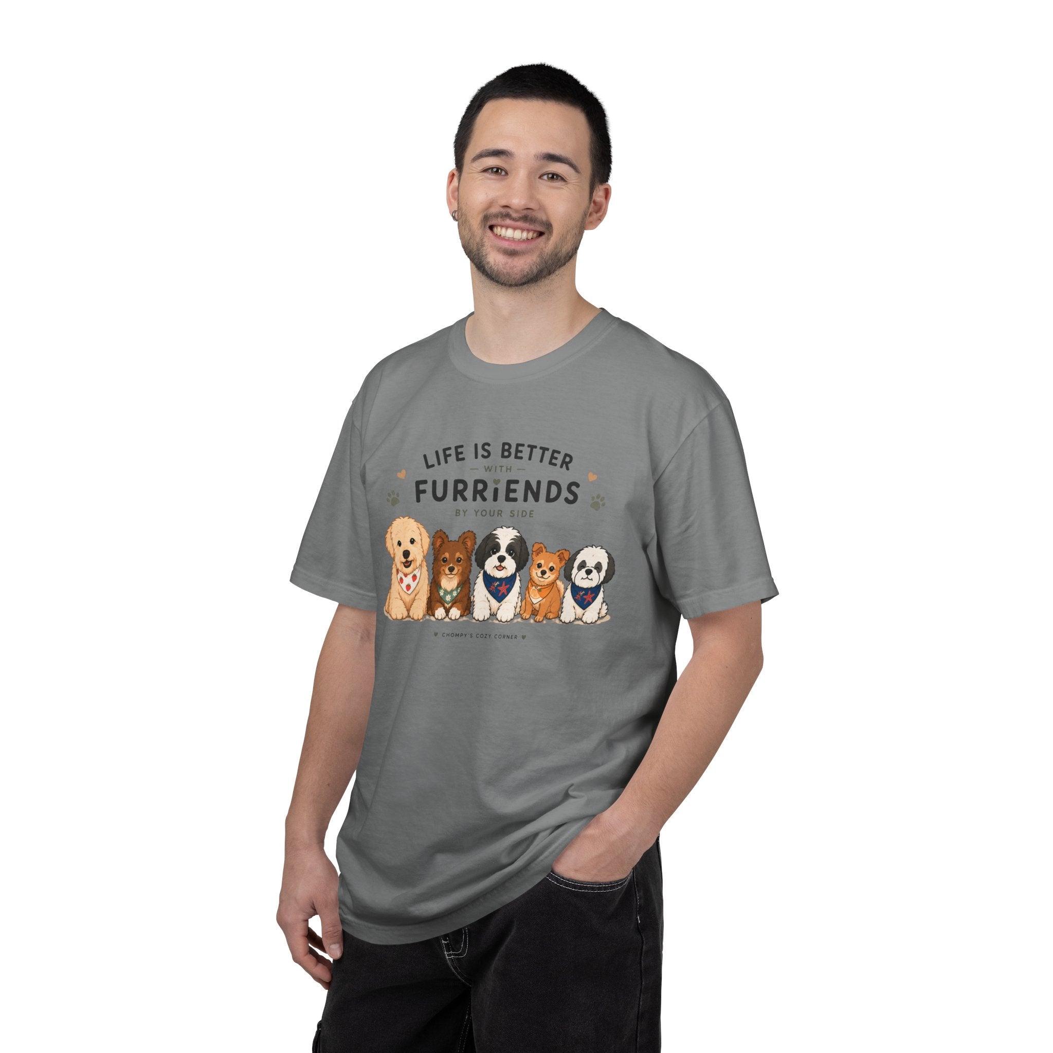 Chompy and Furriends ft. Cohen Crew: Life Is Better With Furriends T-Shirt — Cute Dogs Graphic Tee