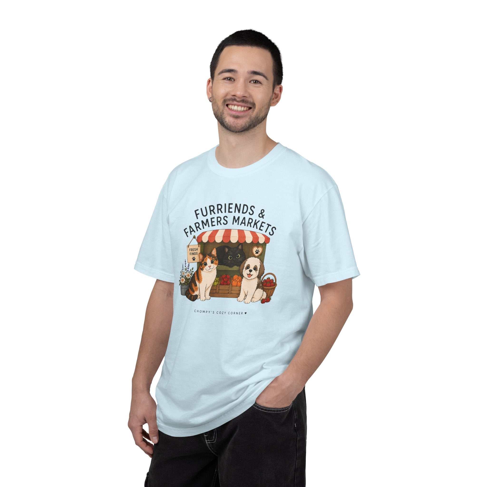 Chompy & Furriends ft. Fenlon Felines: Farmers Market Dogs T-Shirt — “Furriends & Farmers Markets” Cute Pet Market Tee