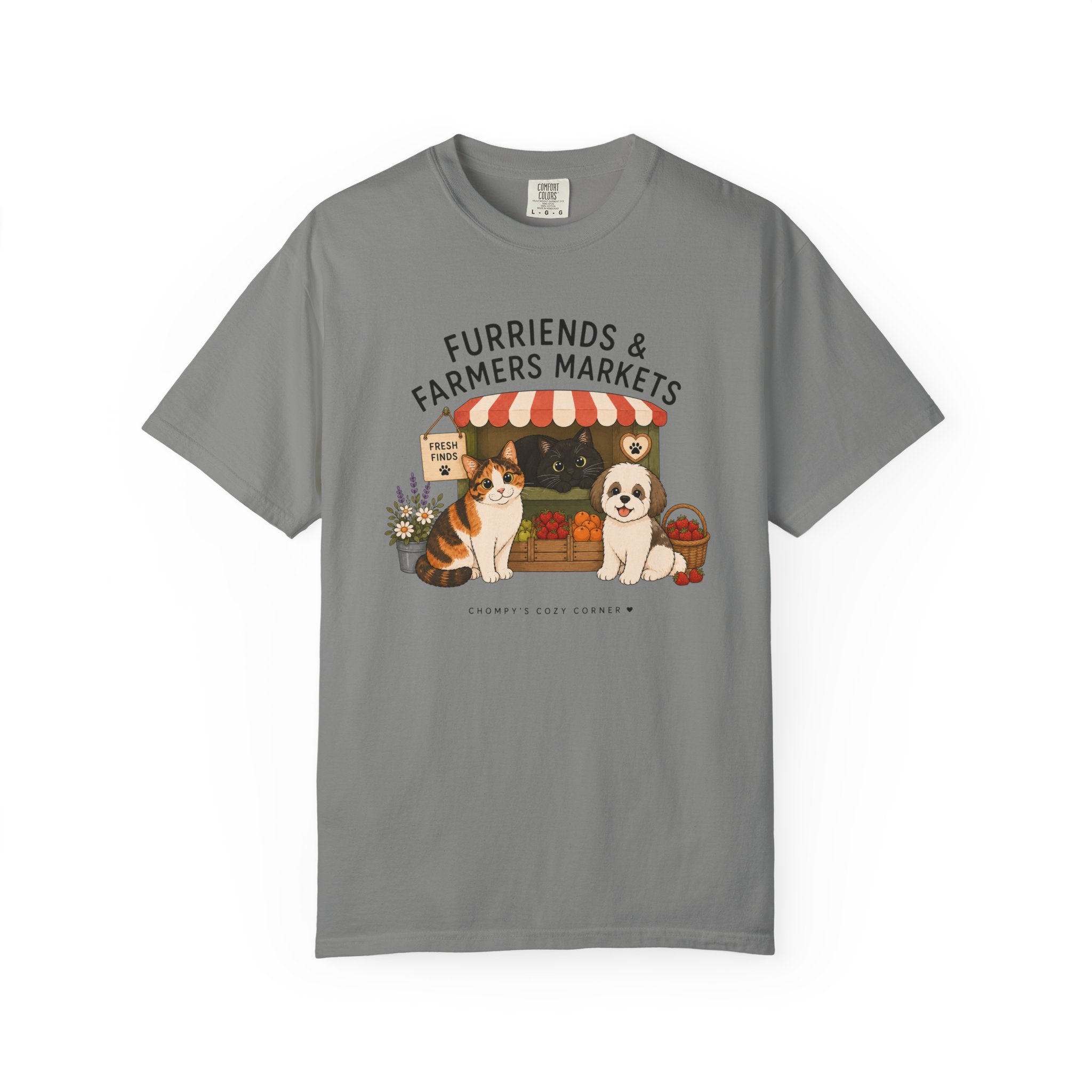 Chompy & Furriends ft. Fenlon Felines: Farmers Market Dogs T-Shirt — “Furriends & Farmers Markets” Cute Pet Market Tee
