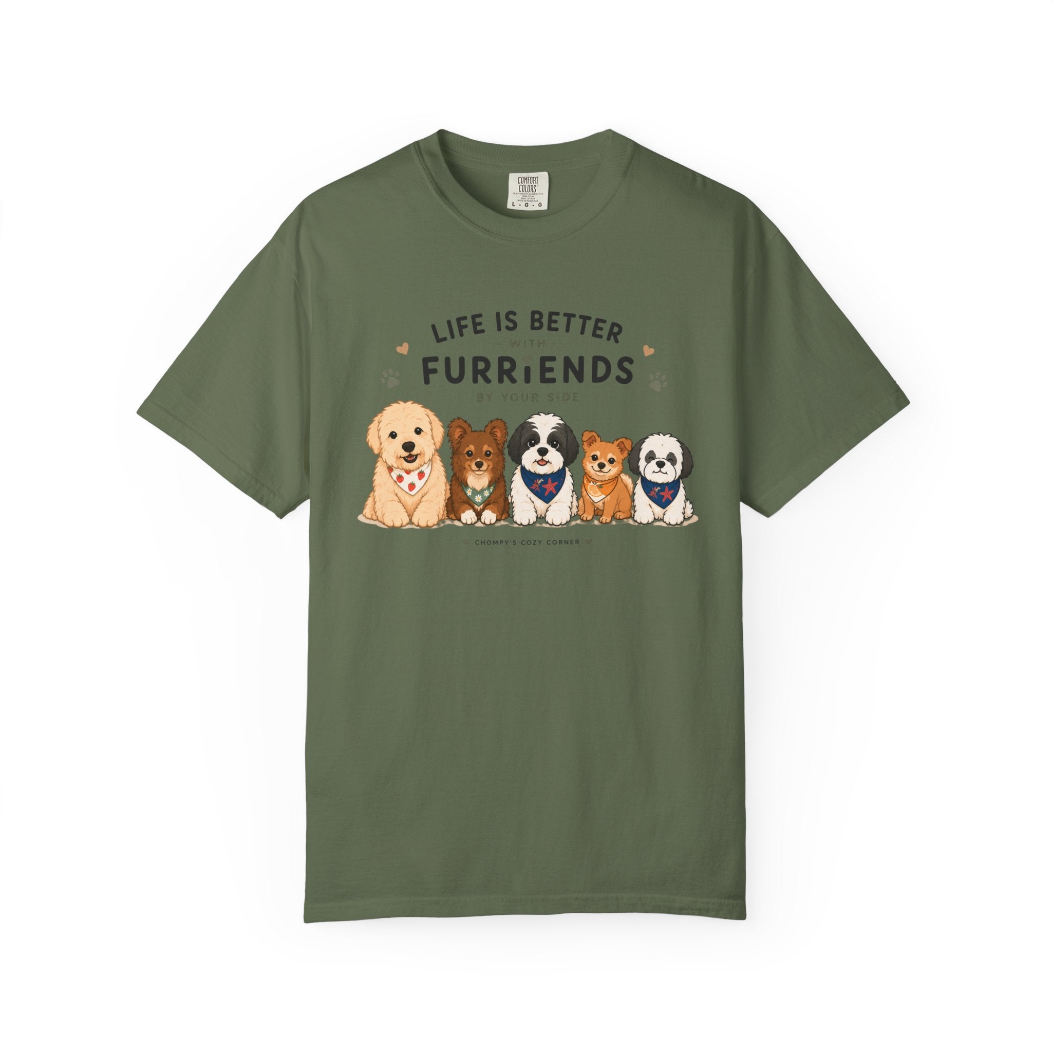 Chompy and Furriends ft. Cohen Crew: Life Is Better With Furriends T-Shirt — Cute Dogs Graphic Tee