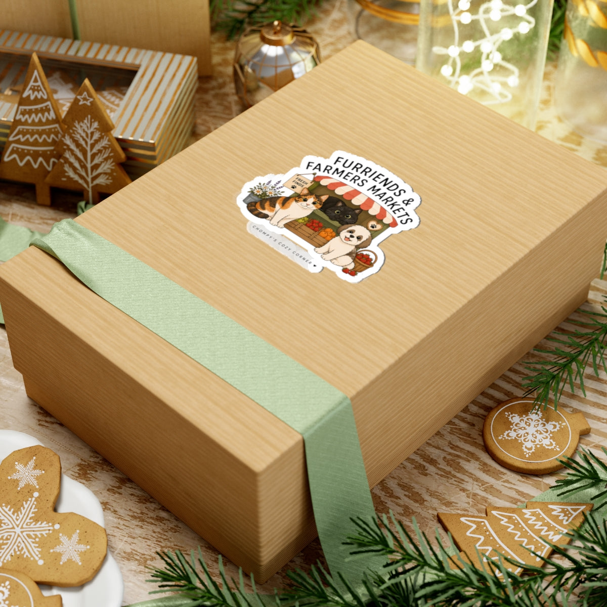 Furriends & Farmers Markets Kiss-Cut Sticker — Cute Cat & Dog Market Design