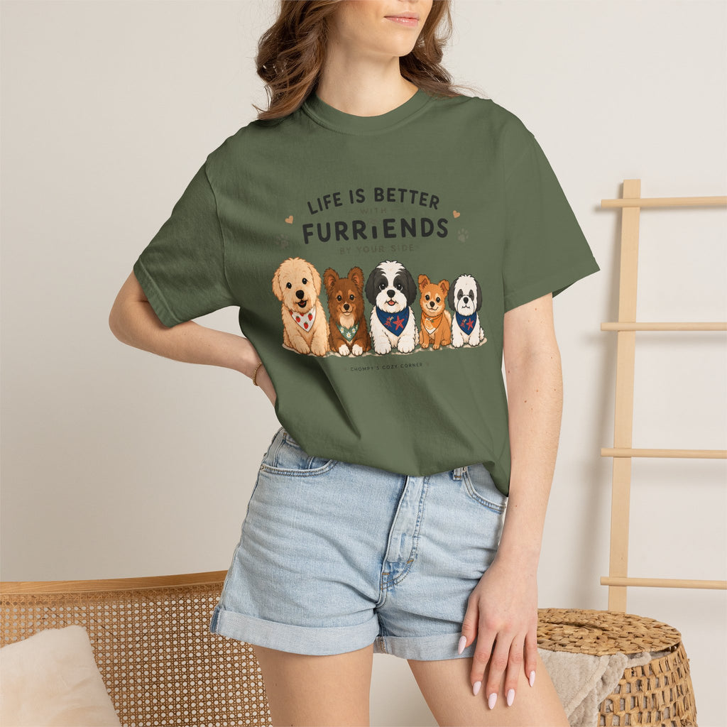 Chompy and Furriends ft. Cohen Crew: Life Is Better With Furriends T-Shirt — Cute Dogs Graphic Tee