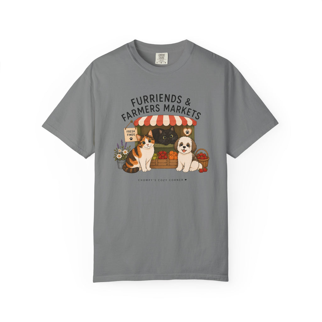 Chompy & Furriends ft. Fenlon Felines: Farmers Market Dogs T-Shirt — “Furriends & Farmers Markets” Cute Pet Market Tee