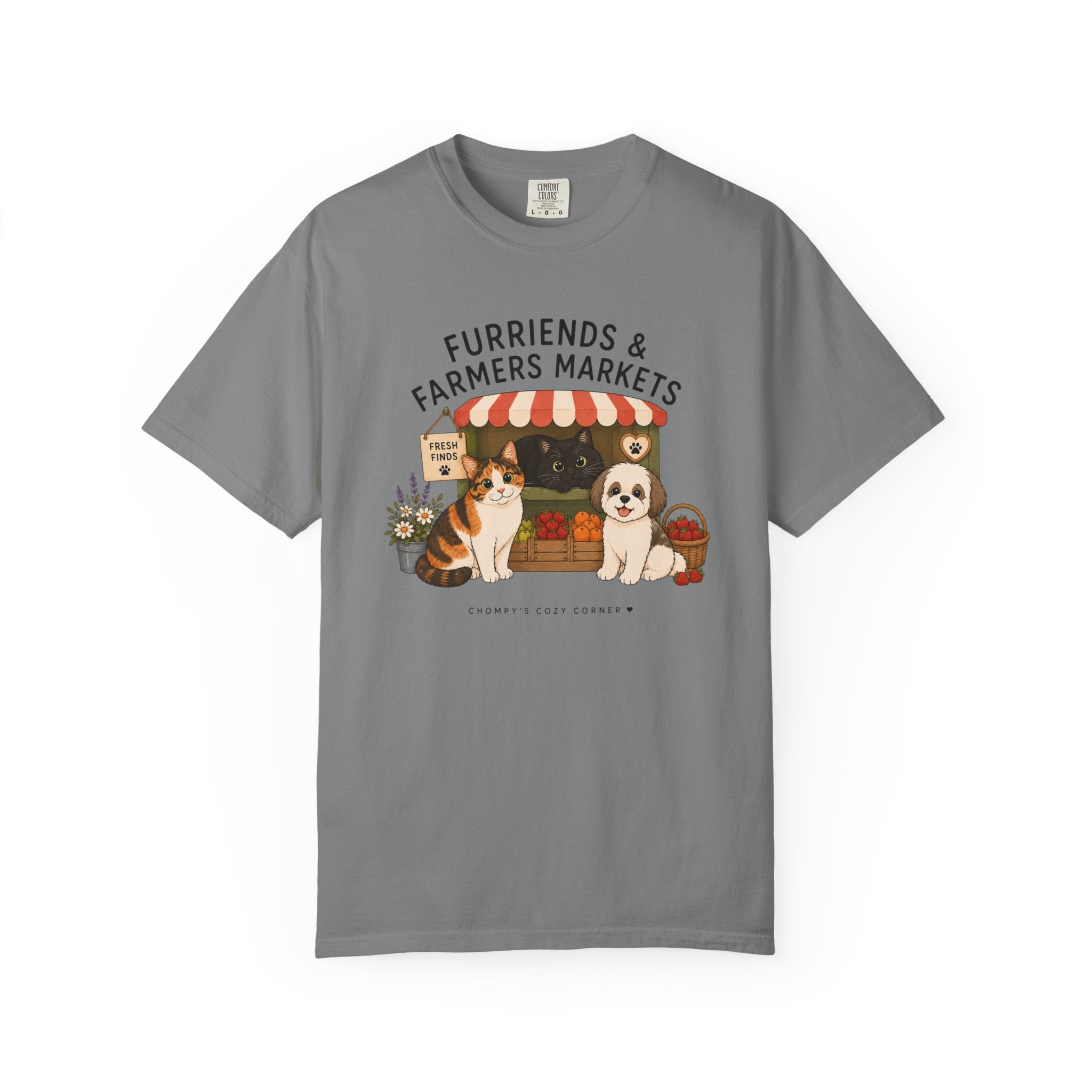 Chompy & Furriends ft. Fenlon Felines: Farmers Market Dogs T-Shirt — “Furriends & Farmers Markets” Cute Pet Market Tee