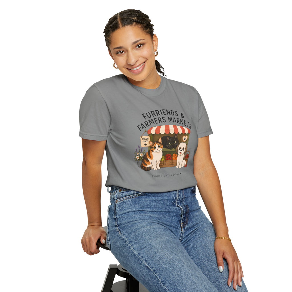 Chompy & Furriends ft. Fenlon Felines: Farmers Market Dogs T-Shirt — “Furriends & Farmers Markets” Cute Pet Market Tee