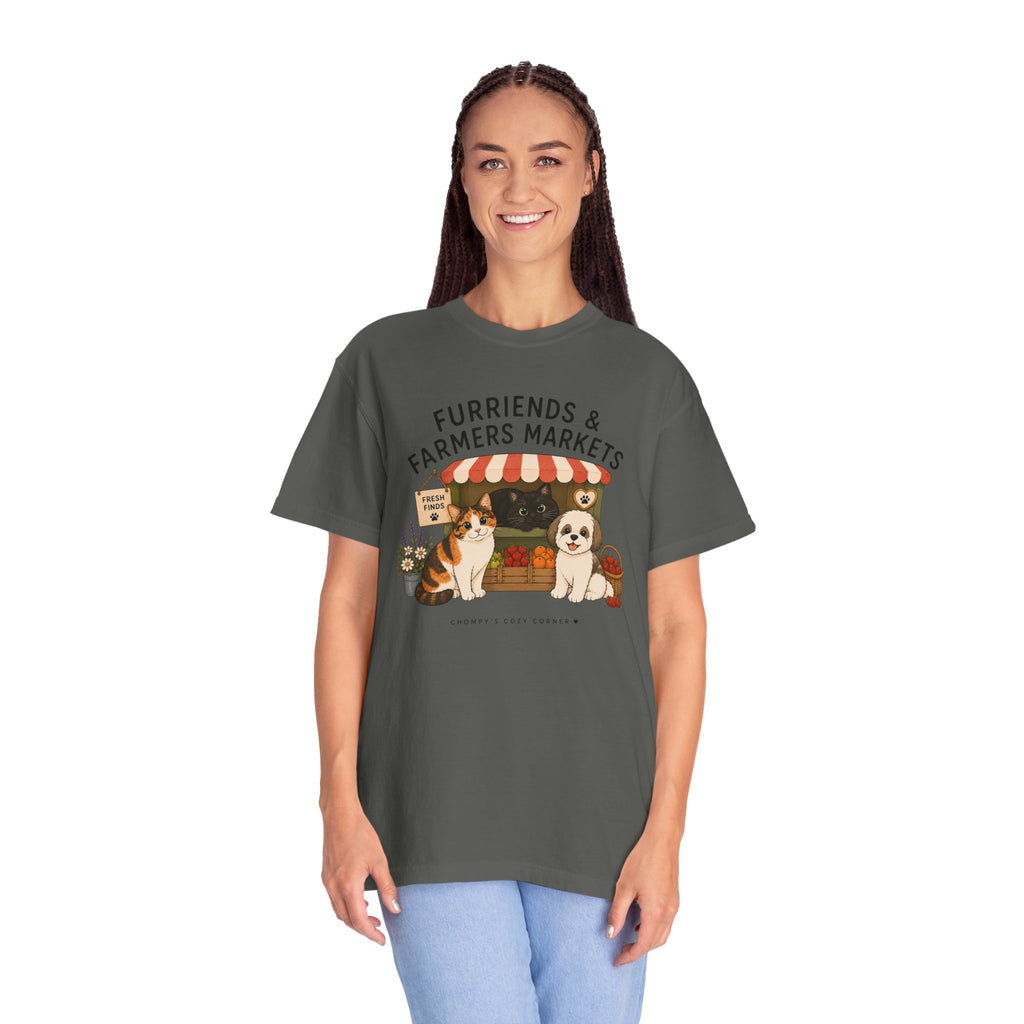 Chompy & Furriends ft. Fenlon Felines: Farmers Market Dogs T-Shirt — “Furriends & Farmers Markets” Cute Pet Market Tee