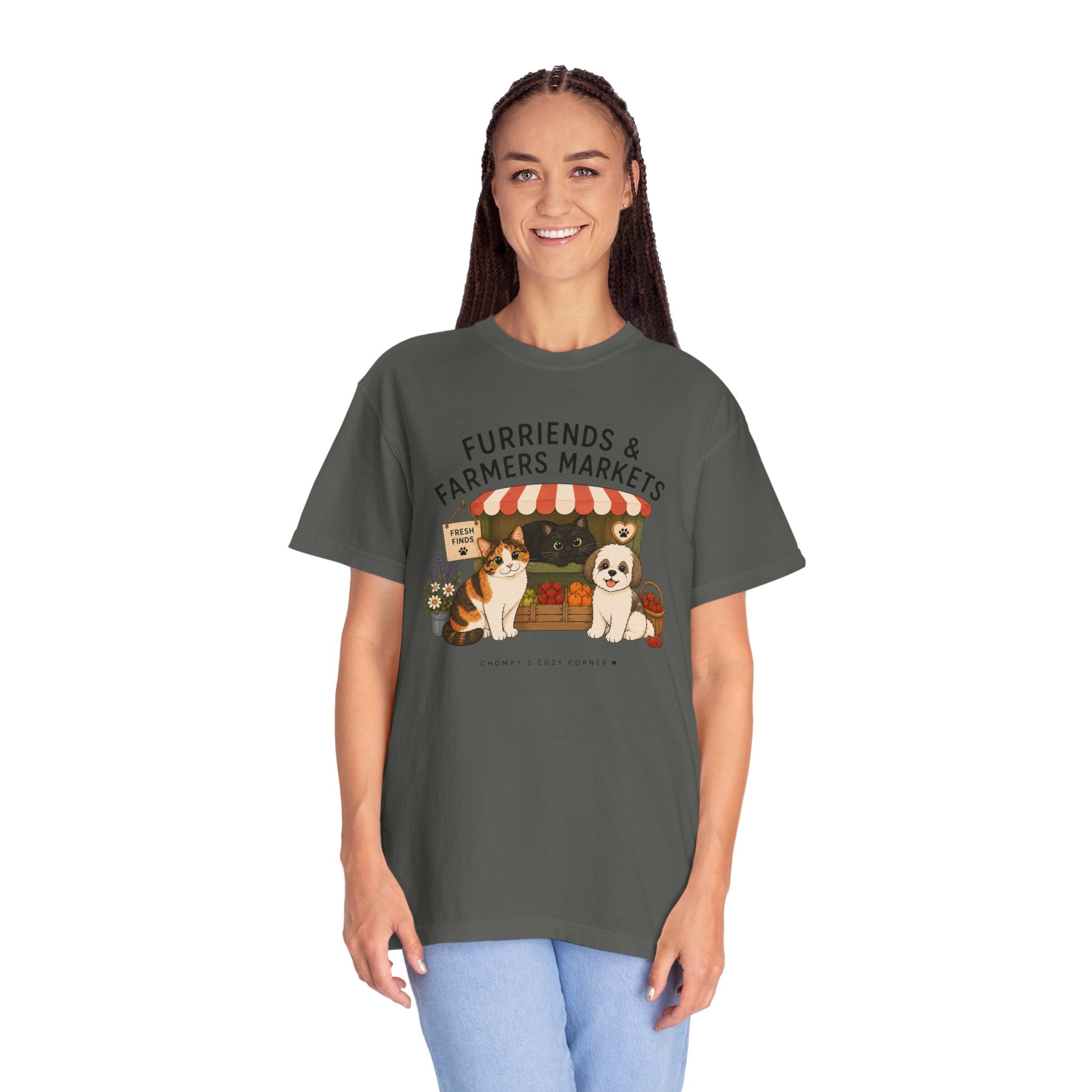 Chompy & Furriends ft. Fenlon Felines: Farmers Market Dogs T-Shirt — “Furriends & Farmers Markets” Cute Pet Market Tee