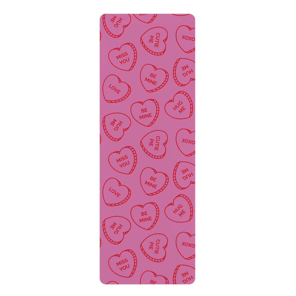 Valentine Conversation Hearts Rubber Yoga Mat — Pink Love Pattern for Pilates & Gifts
