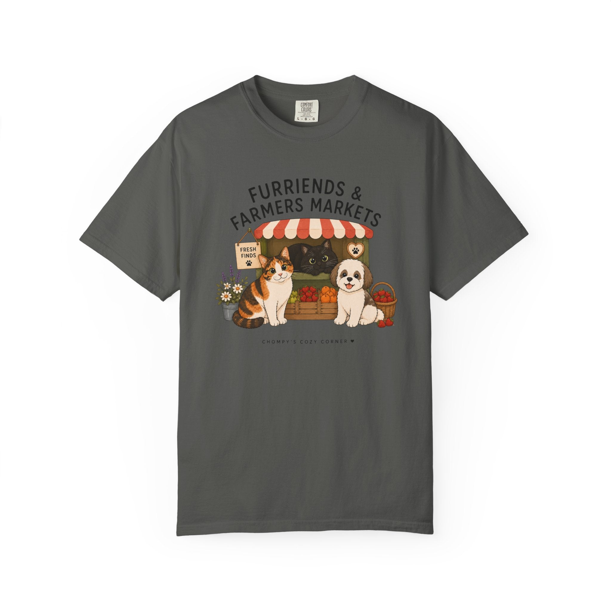Chompy & Furriends ft. Fenlon Felines: Farmers Market Dogs T-Shirt — “Furriends & Farmers Markets” Cute Pet Market Tee