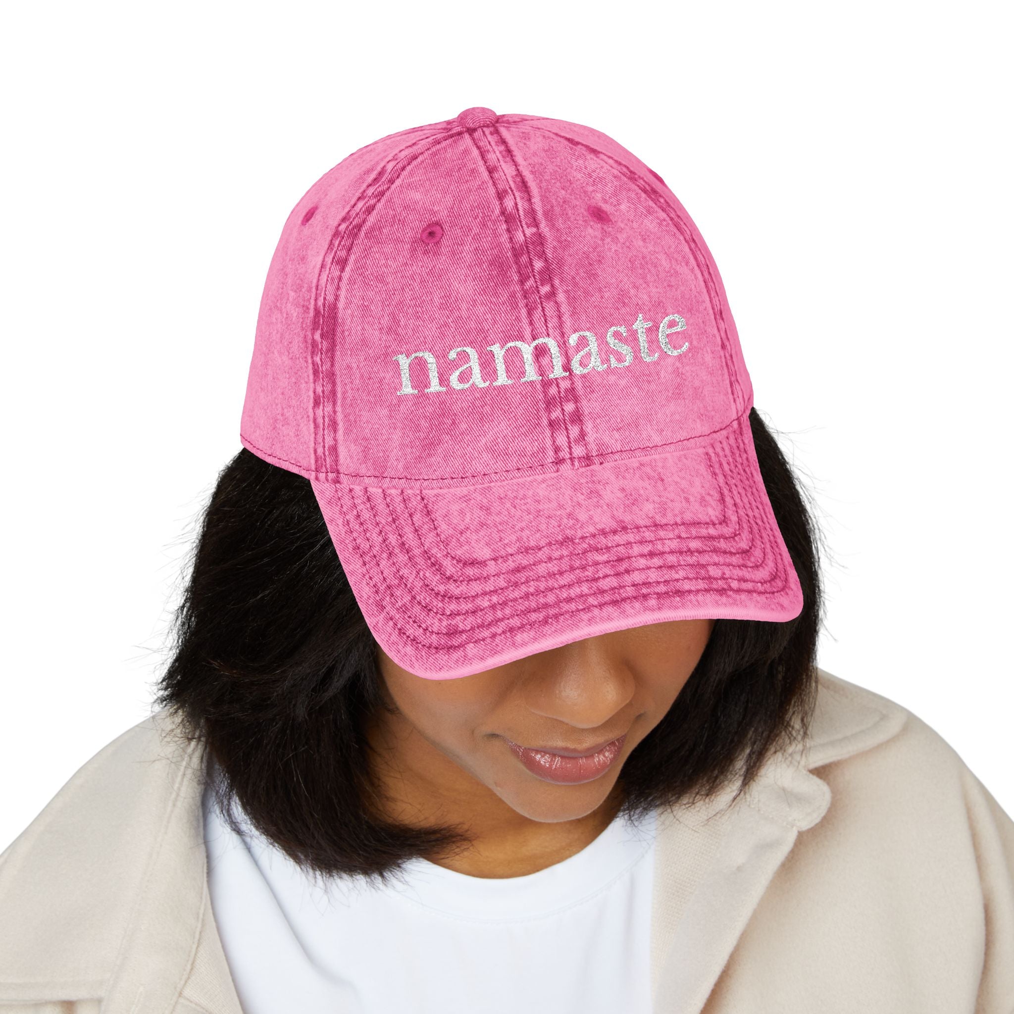 Vintage Embroidered Yoga Hat — "Namaste" Front with Cozy Shih-Poo Logo Back