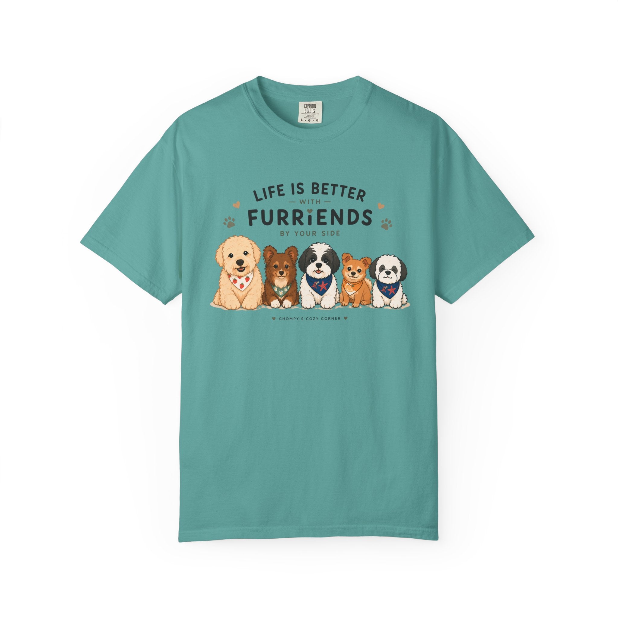 Chompy and Furriends ft. Cohen Crew: Life Is Better With Furriends T-Shirt — Cute Dogs Graphic Tee