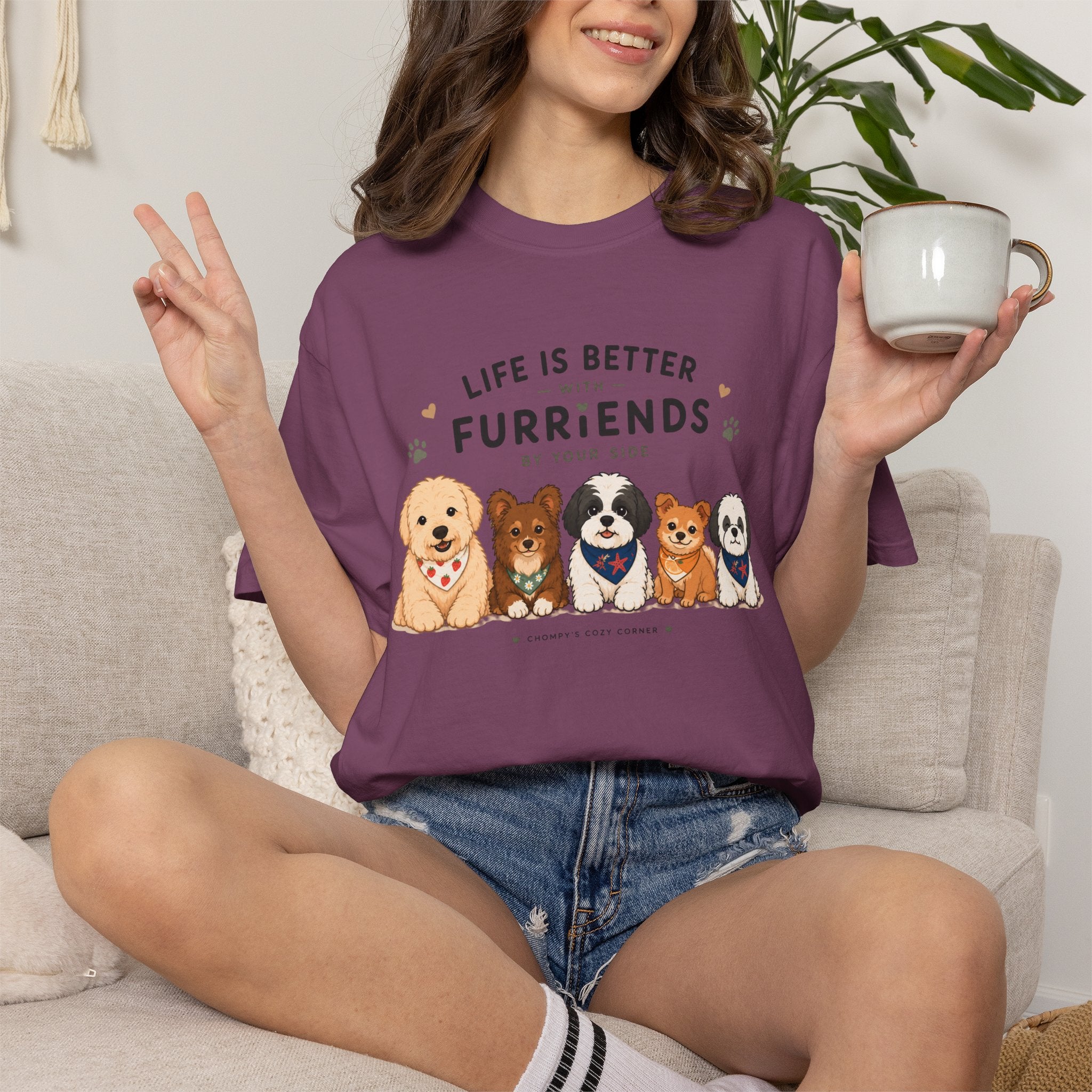 Chompy and Furriends ft. Cohen Crew: Life Is Better With Furriends T-Shirt — Cute Dogs Graphic Tee
