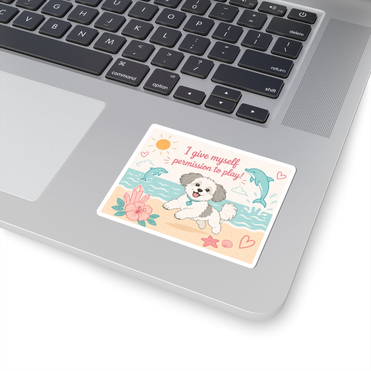 Playful Beach Puppy Sticker — "I Give Myself Permission to Play" Kiss-Cut Sticker