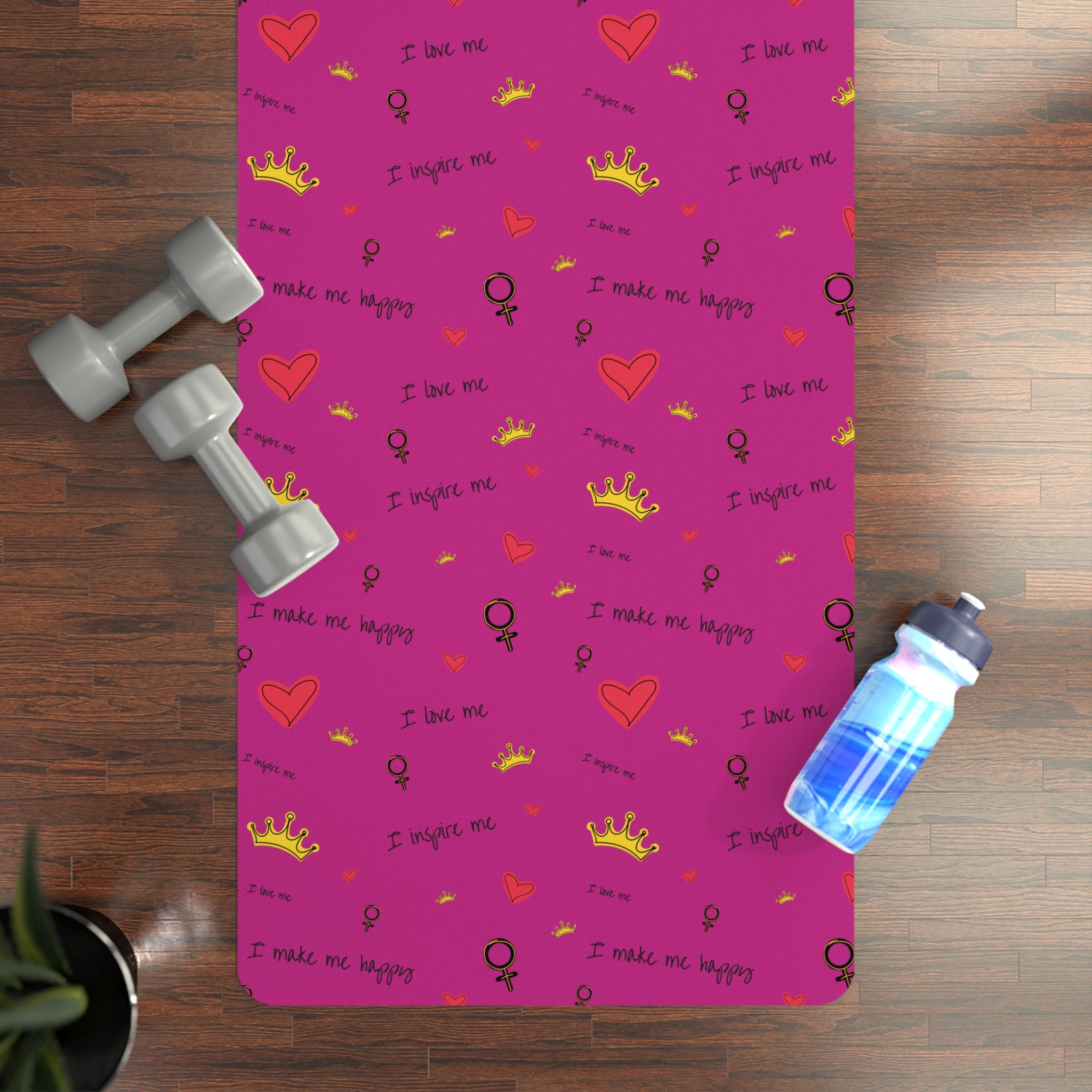 Pink Feminine Yoga Mat — "I Make My Hopes" Patterned Rubber Exercise Mat
