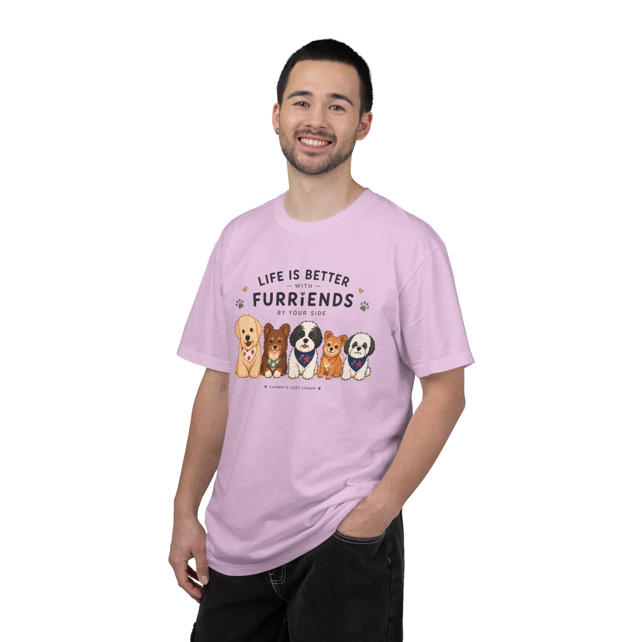 Chompy and Furriends ft. Cohen Crew: Life Is Better With Furriends T-Shirt — Cute Dogs Graphic Tee